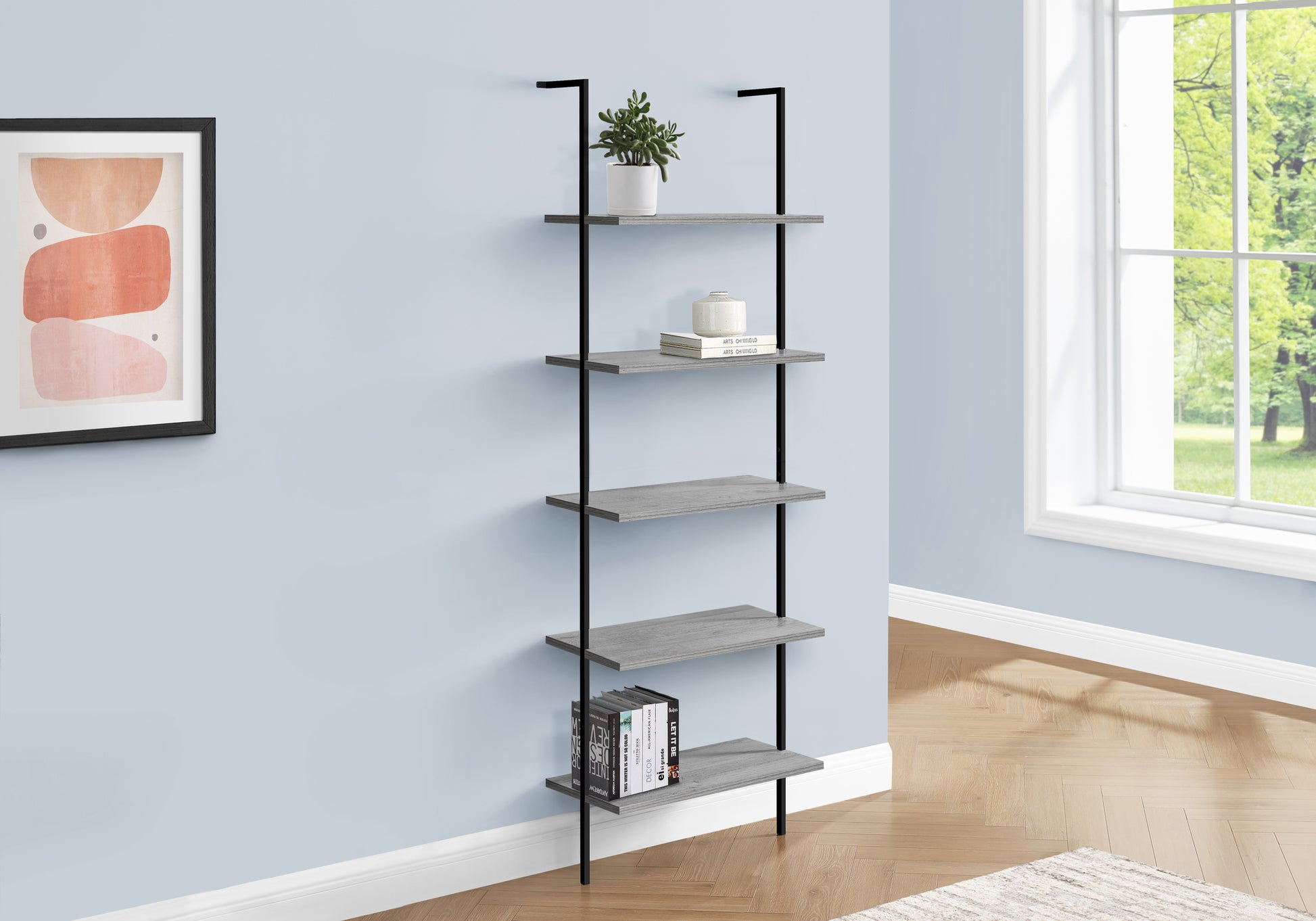 Bookshelf, Bookcase, Etagere, Ladder, 5 Tier, 72"H, Office, Bedroom, Grey Laminate, Black Metal, Contemporary, Modern Grey Metal