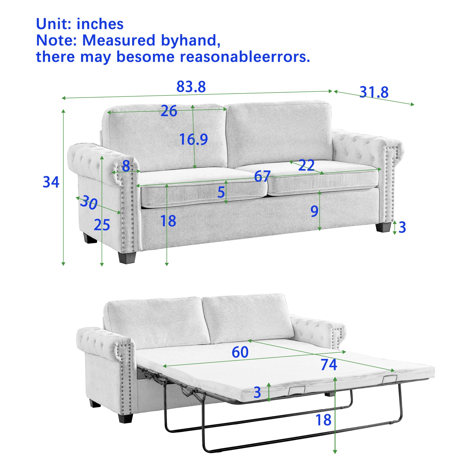 Fx 83.8" Convertible Sleeper Sofa Bed, 2 In 1 Pullout Sofa Bed, Polyester Sleeper Sofa Bed With Folding Mattress, Living Room Pullout Sofa Bed, Apartment Small Space Sofa Sleeper Green Polyester Pine Foam Fabric 3 Seat