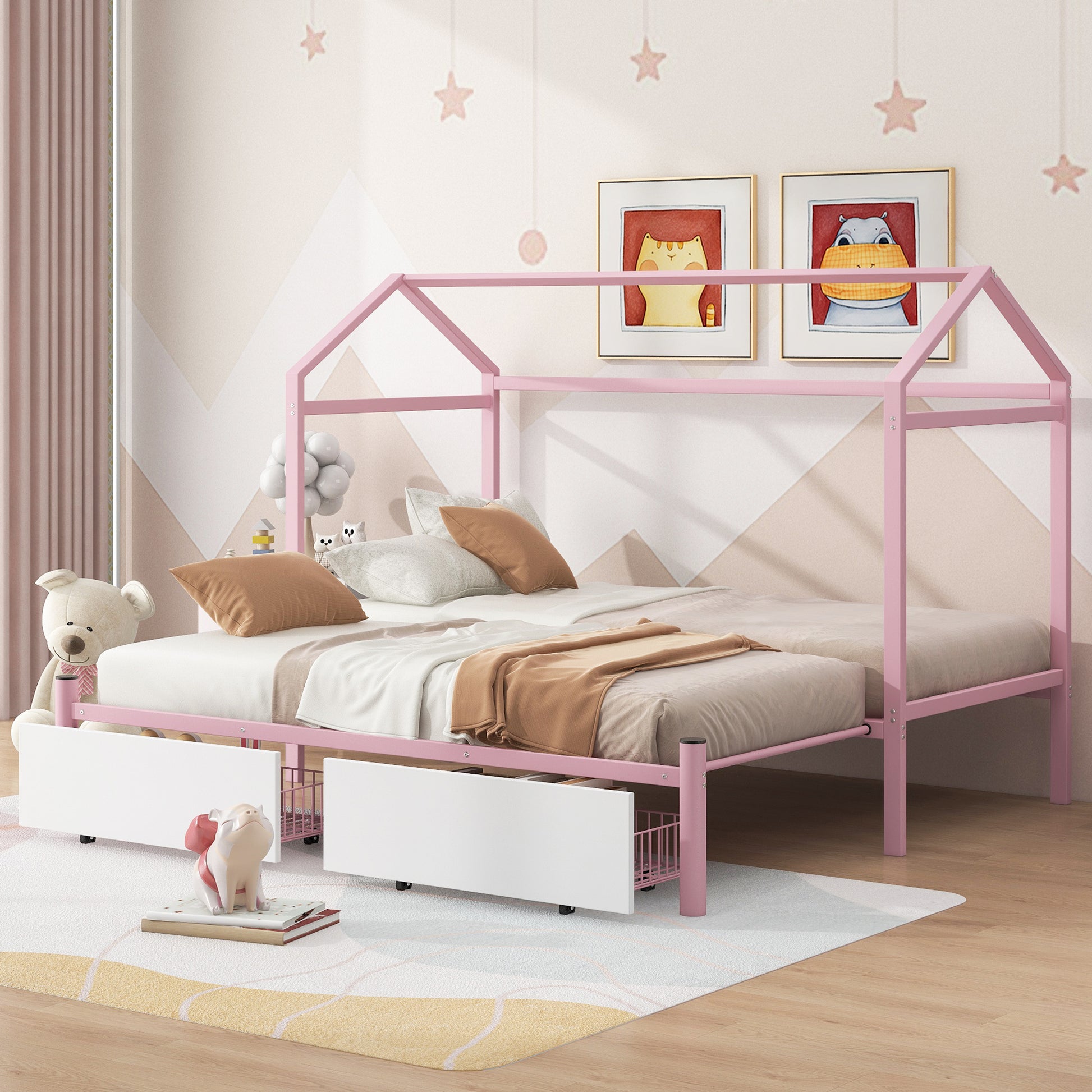 Twin Xl To King Metal Twin Size House Platform Bed With 2 Drawers, Pink Box Spring Not Required Twin Xl Pink Metal Bed Frame Metal