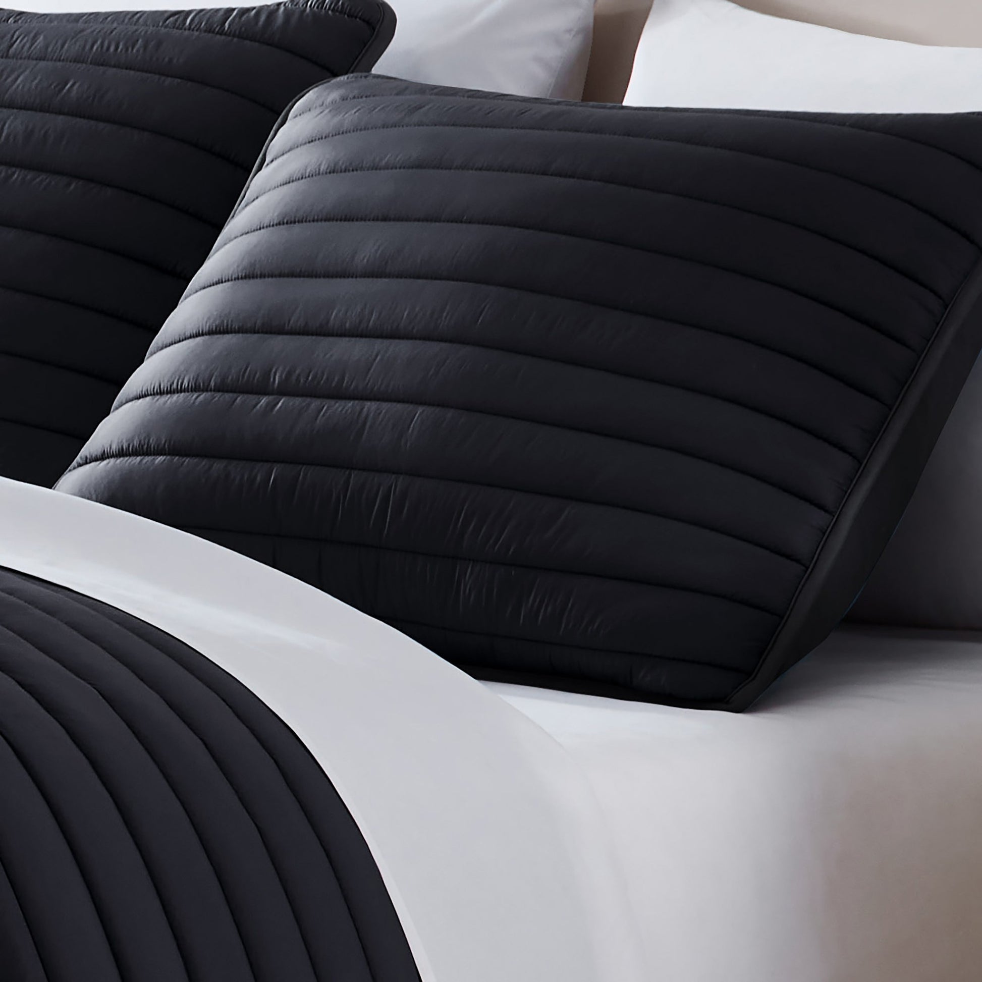 Cabe 3 Piece Queen Comforter Set, Polyester Puffer Channel Quilted, Black Queen Black Polyester