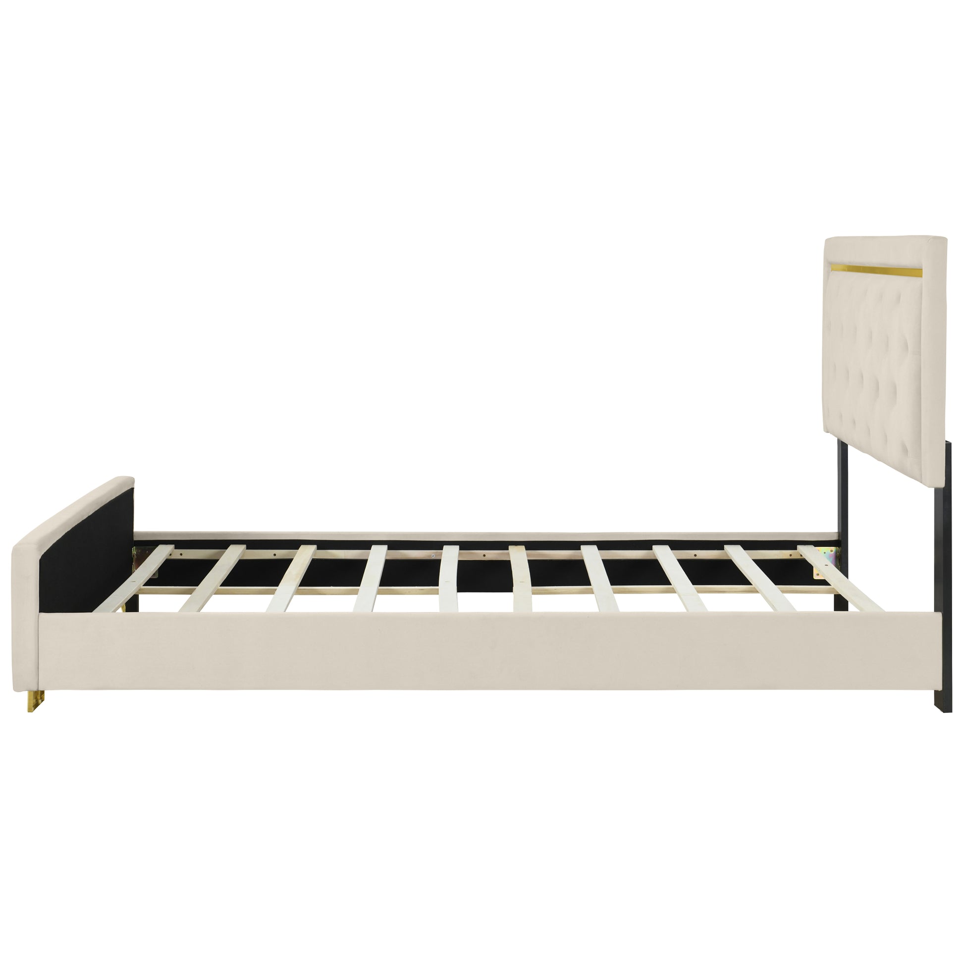 Queen Size Upholstered Platform Bed With Pull Point Headboard And Metal Wire Frame At The Head And Foot Of The Bed, Metal Feet, Velvet, Beige Queen Beige Mdf Lvl