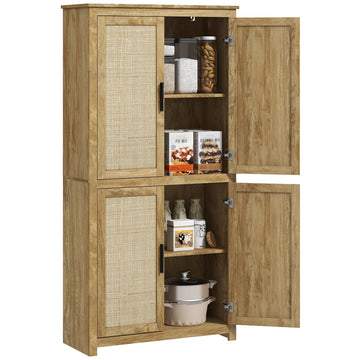 Homcom 64" Rattan Kitchen Storage Cabinet With Adjustable Shelf, Natural Natural Wood Particle Board