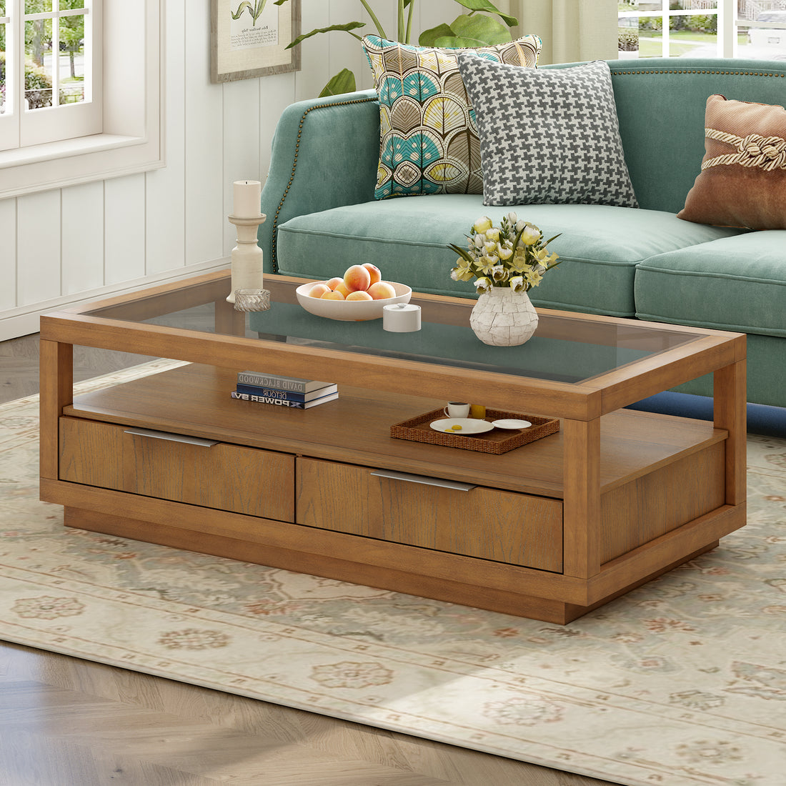 Modern Wood Coffee Table With 2 Drawers ,Minimalist Display Coffee Table With Transparent Tempered Glass, Open Storage Shelf For Living Room Brown Solid Wood Mdf