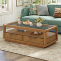Modern Wood Coffee Table With 2 Drawers ,Minimalist Display Coffee Table With Transparent Tempered Glass, Open Storage Shelf For Living Room Brown Solid Wood Mdf