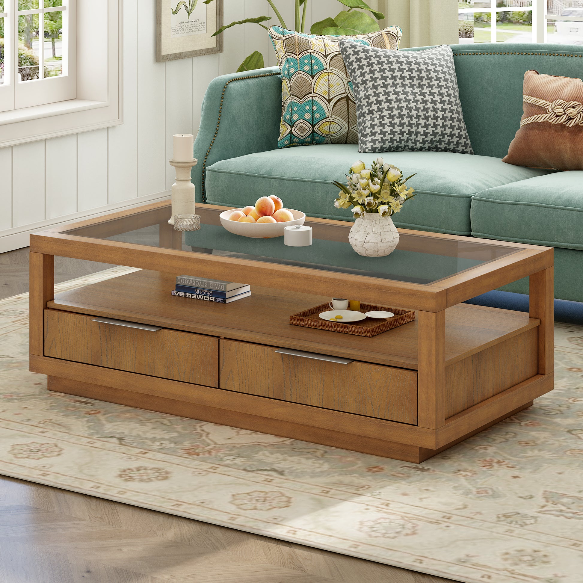 Modern Wood Coffee Table With 2 Drawers ,Minimalist Display Coffee Table With Transparent Tempered Glass, Open Storage Shelf For Living Room Brown Solid Wood Mdf