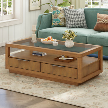 Modern Wood Coffee Table With 2 Drawers ,Minimalist Display Coffee Table With Transparent Tempered Glass, Open Storage Shelf For Living Room Brown Solid Wood Mdf