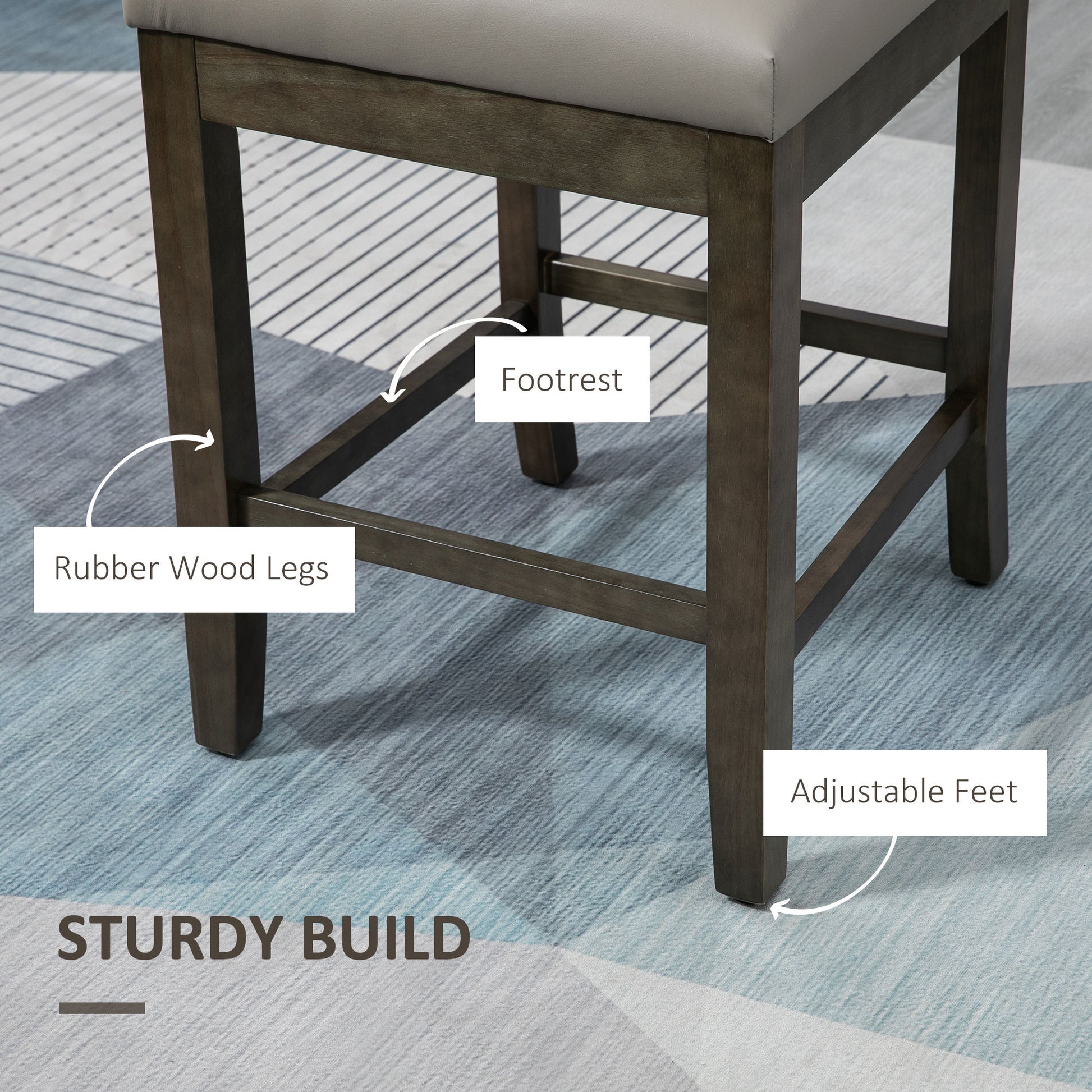 Homcom 25.5" Counter Height Bar Stools Set Of 2, Pu Leather Kitchen Stool, Upholstered Bar Chairs With Back, Wood Legs, Grey Grey Rubber Wood