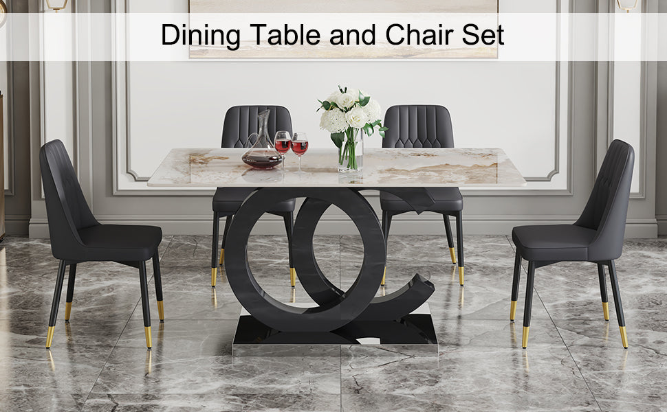 Table And Chair Set.63"X31.5" Marble Pattern Sintered Stone Table With Mdf Oc Shaped Bracket.Paired With 4 Black Chairs With Pu Cushions And Black Metal Legs.Suitable For Kitchen,Dining Room,Etc.