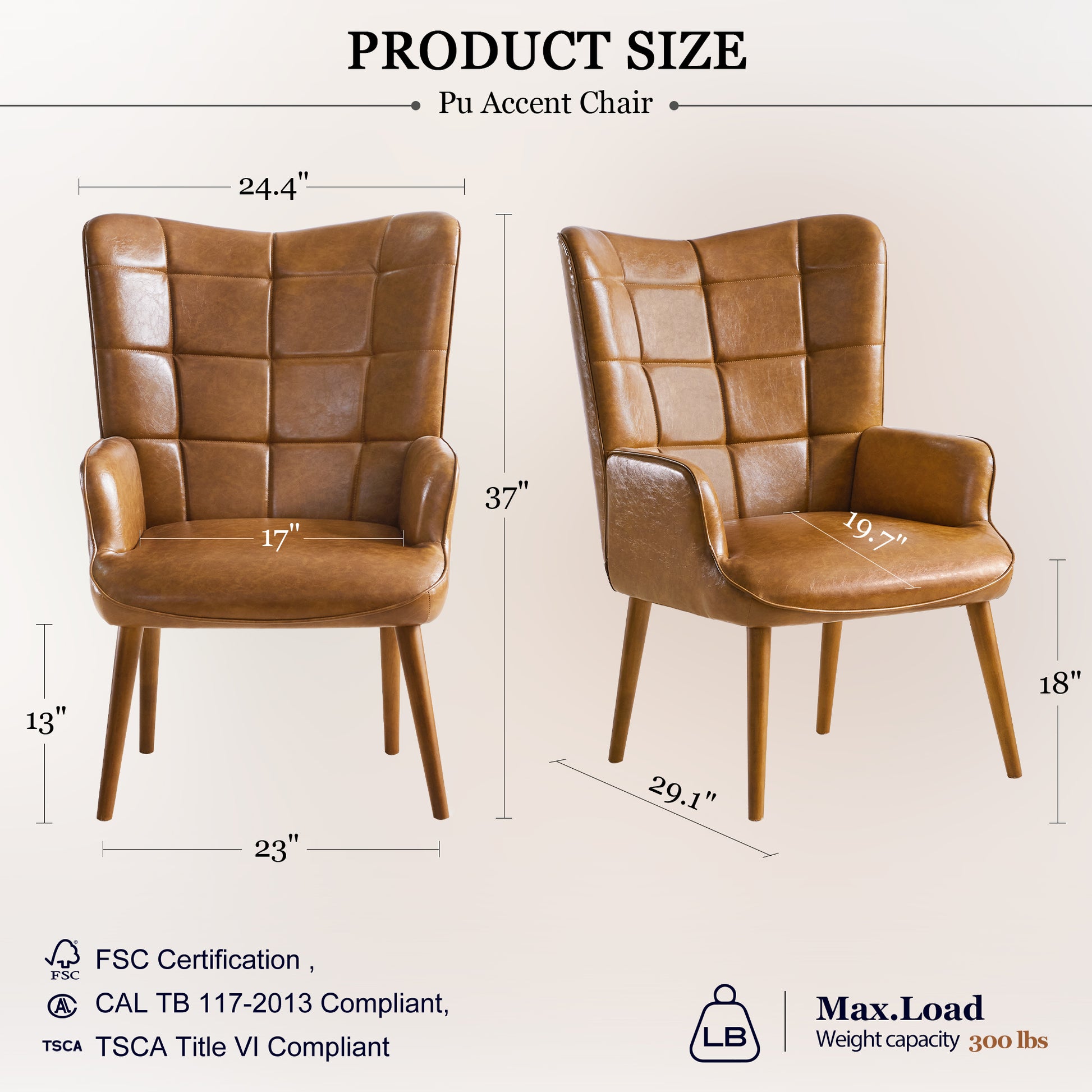 Pu Leather Accent Chair, Upholstered Living Room Chair With Soild Wood Leg, Reading Armchair For Living Room Bedroom Home Office, Brown Brown Brown Study Classic,Retro Birch Upholstered Polyester