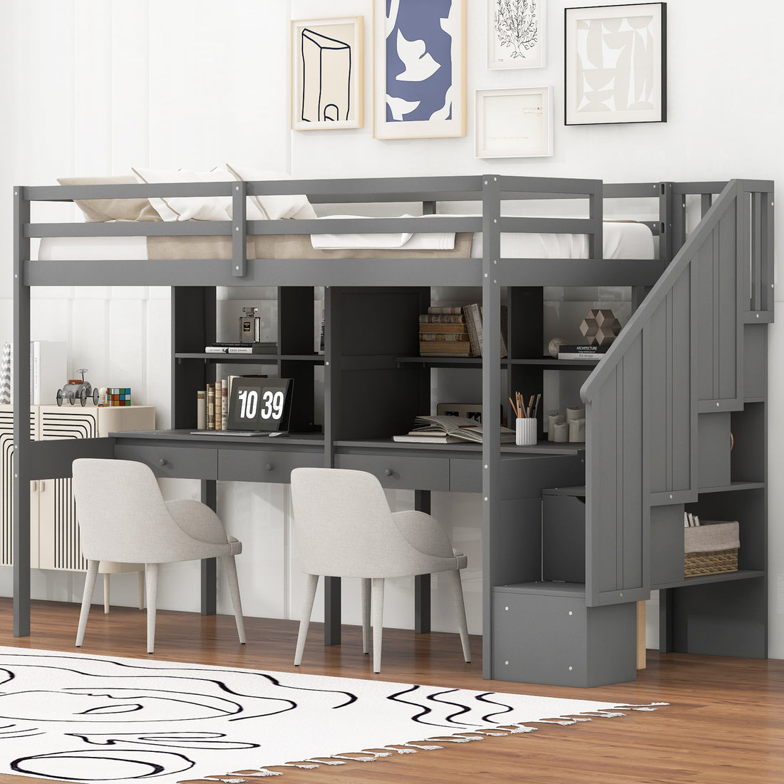 Twin Size Loft Bed Frame With Storage Staircase And Double Desks And Shelves,Gray Twin Gray Solid Wood Mdf