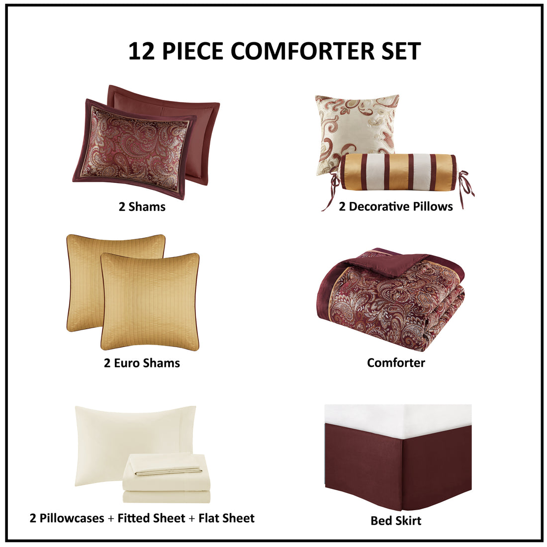 12 Piece Comforter Set With Cotton Bed Sheets Red Queen Queen Red Cotton