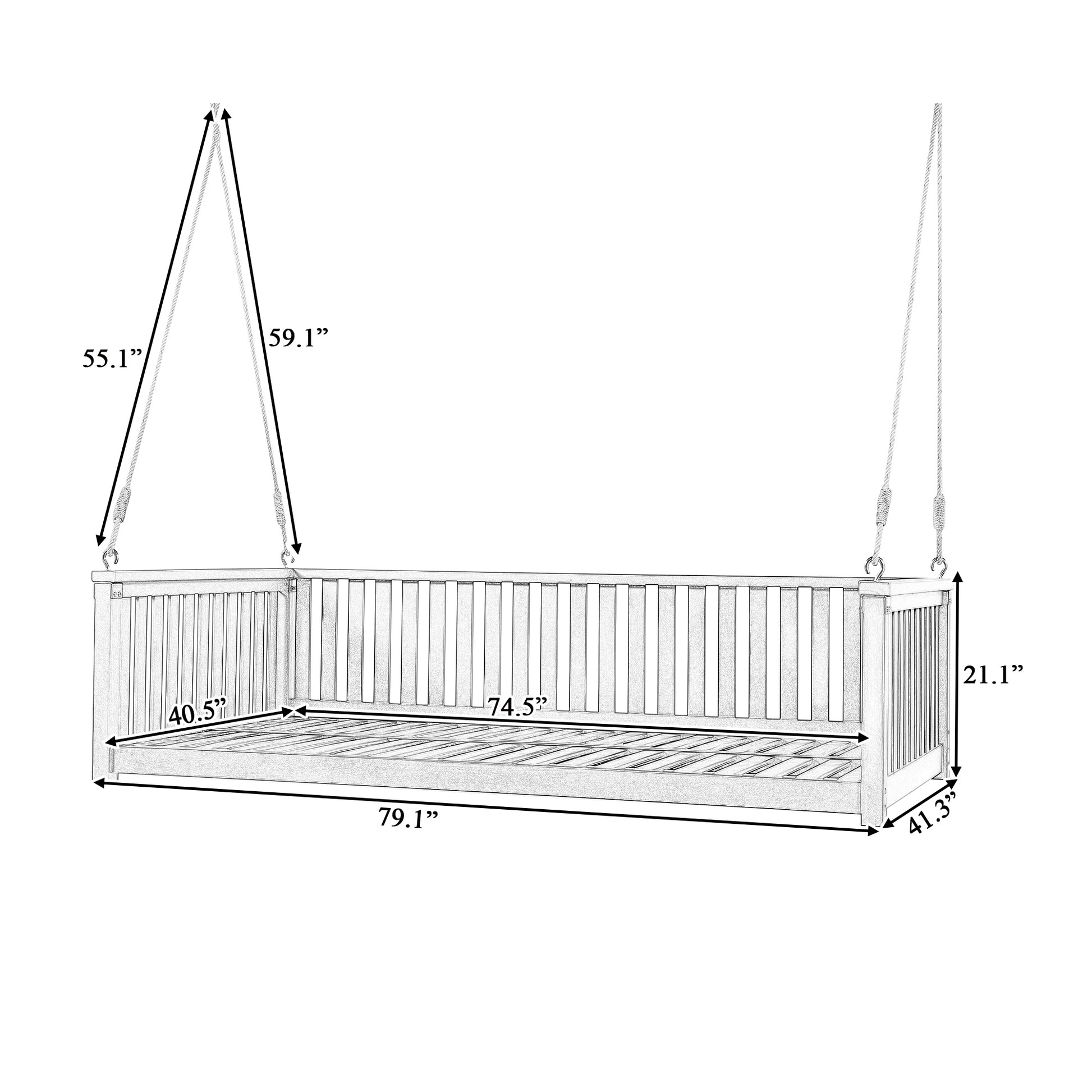 Patio Minimalist Twin Size Garden Swing Bed Wood Porch Swing With Ropes For Backyard, Safe Sloped Design, White White Weather Resistant Frame Garden & Outdoor Minimalist 2 Person Seating Group