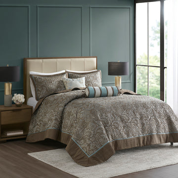 5 Piece Jacquard Bedspread Set With Throw Pillows Blue Brown King King Blue Brown Cotton
