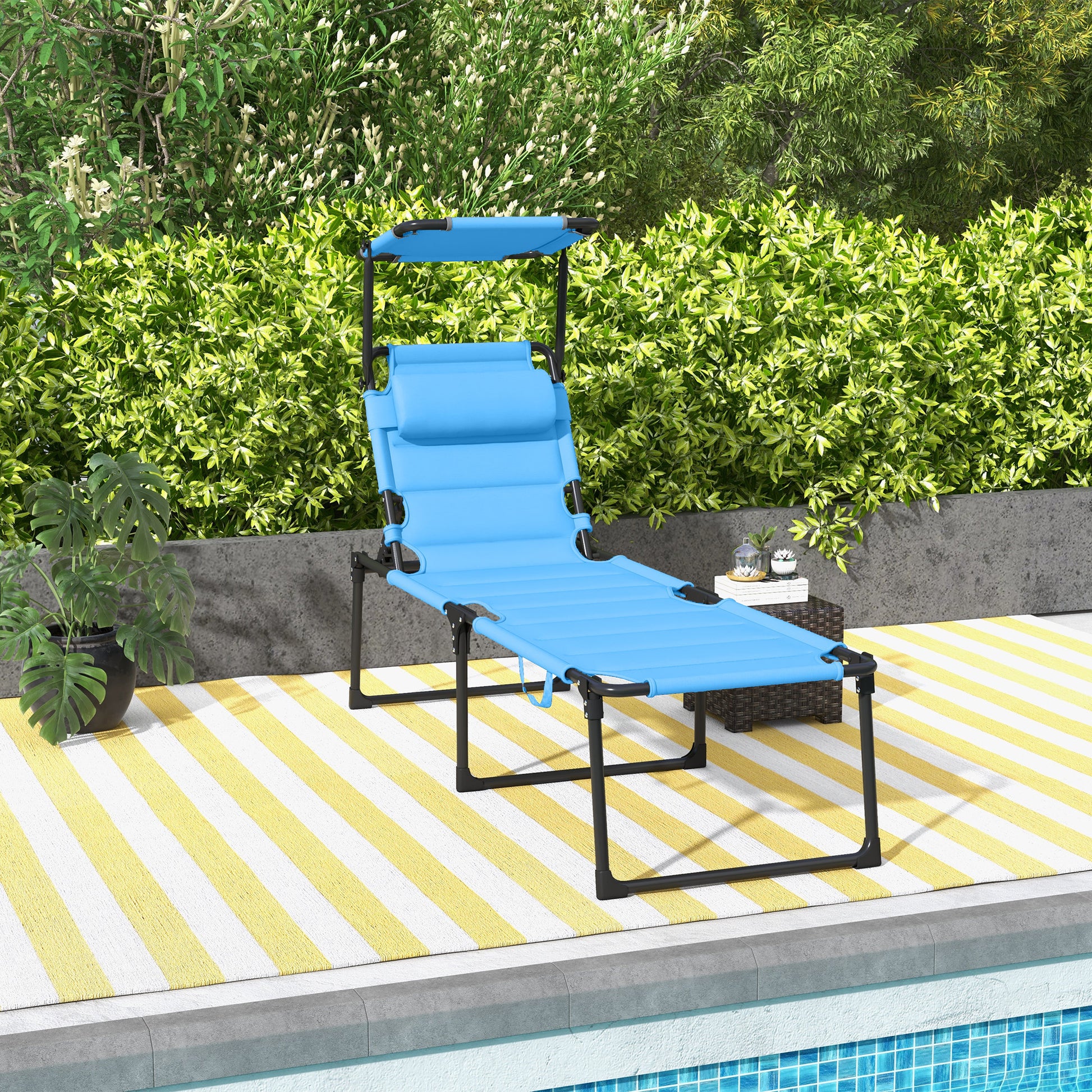 Outsunny Outdoor Lounge Chair, Adjustable Backrest Folding Chaise Lounge, Cushioned Tanning Chair W Sunshade Roof & Pillow Headrest For Beach, Camping, Hiking, Light Blue Light Blue Steel