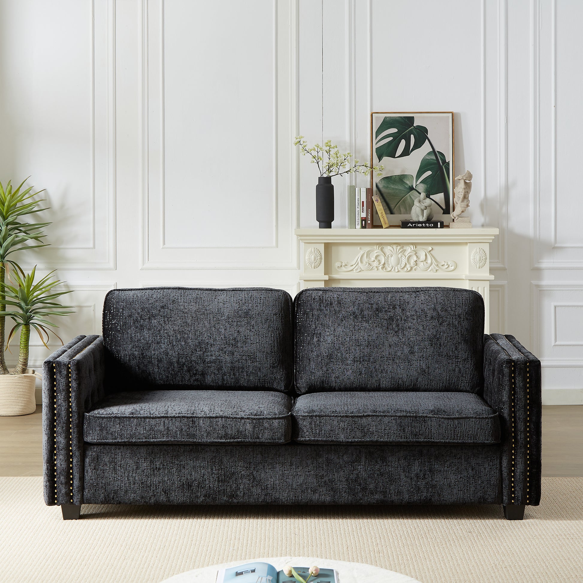 Convertible Sleeper Sofa With Memory Foam Mattress, 3 Seater Full Size Bed Couch For Living Rooms, Designed With Chenille Fabric Black Chenille 3 Seat