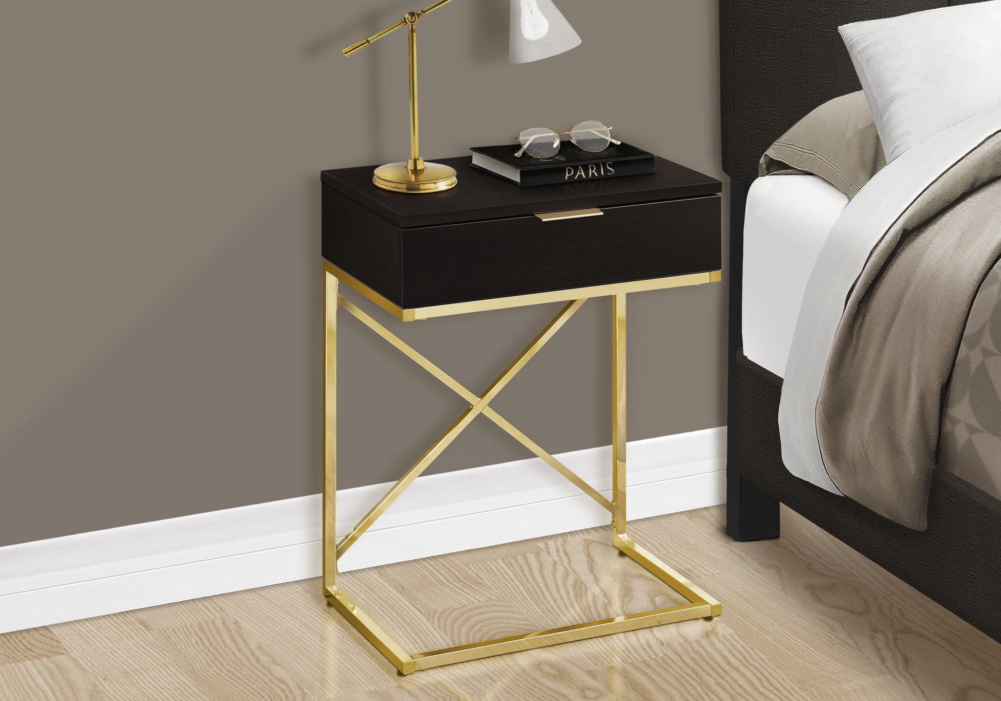 Accent Table, Side, End, Nightstand, Lamp, Storage Drawer, Living Room, Bedroom, Brown Laminate, Gold Metal, Contemporary, Modern Espresso Particle Board