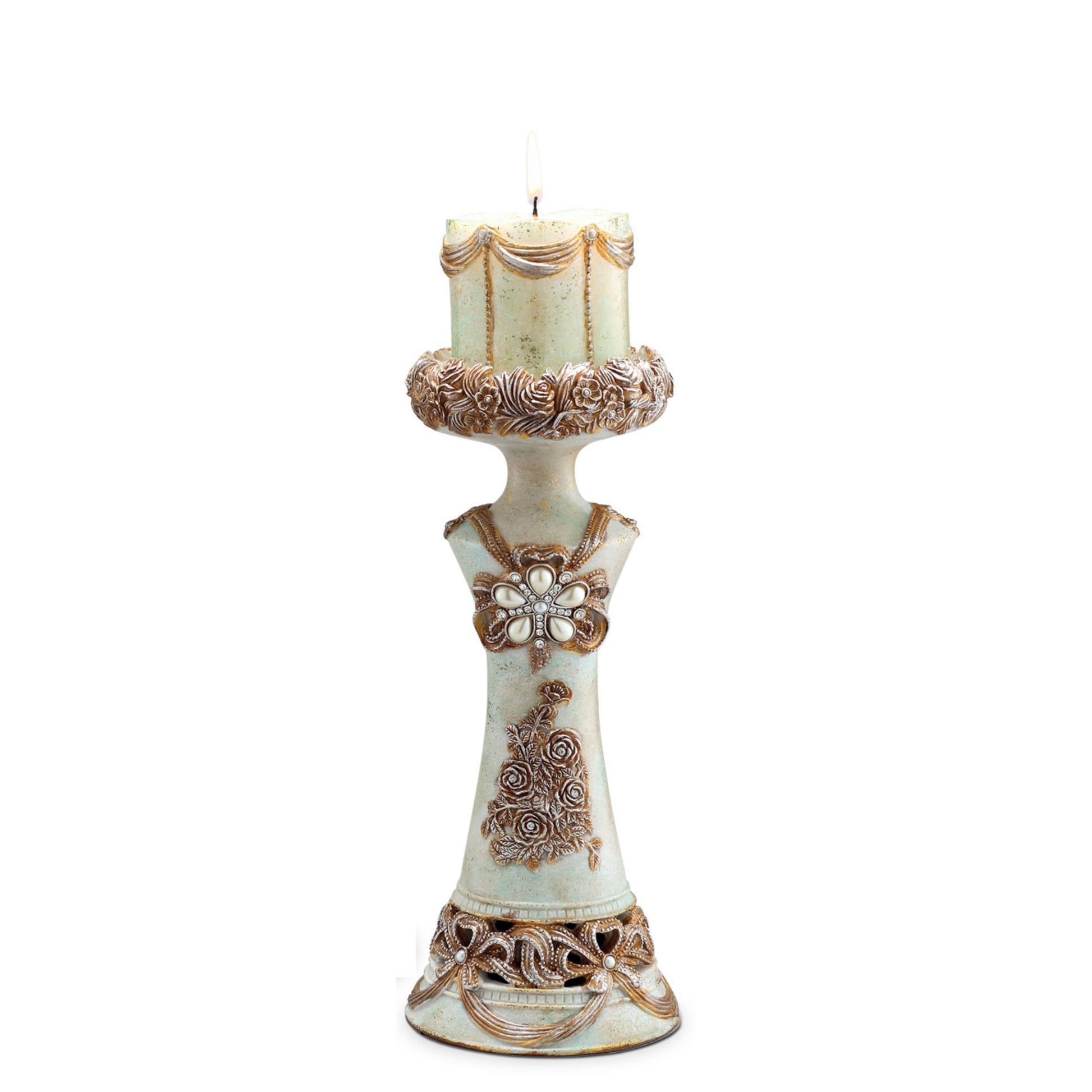 11.75" And 15.5" Polyresin Candleholder, Vintage Rose Design Set Of 2 Beige Polyresin