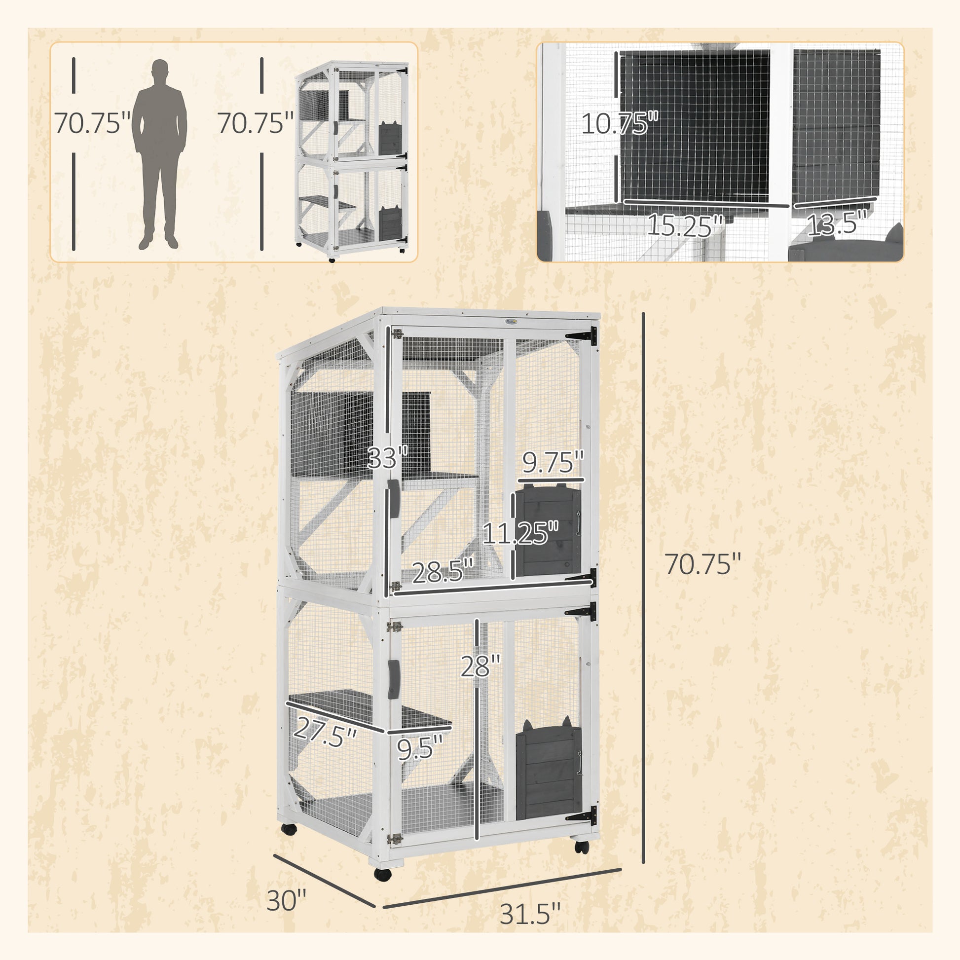 Pawhut Wooden Catio With Waterproof Roof, Large Cat House With High Up Resting Box, Indoor & Outdoor Cat Enclosure With Wheels, For 1 3 Cats, White White Wood