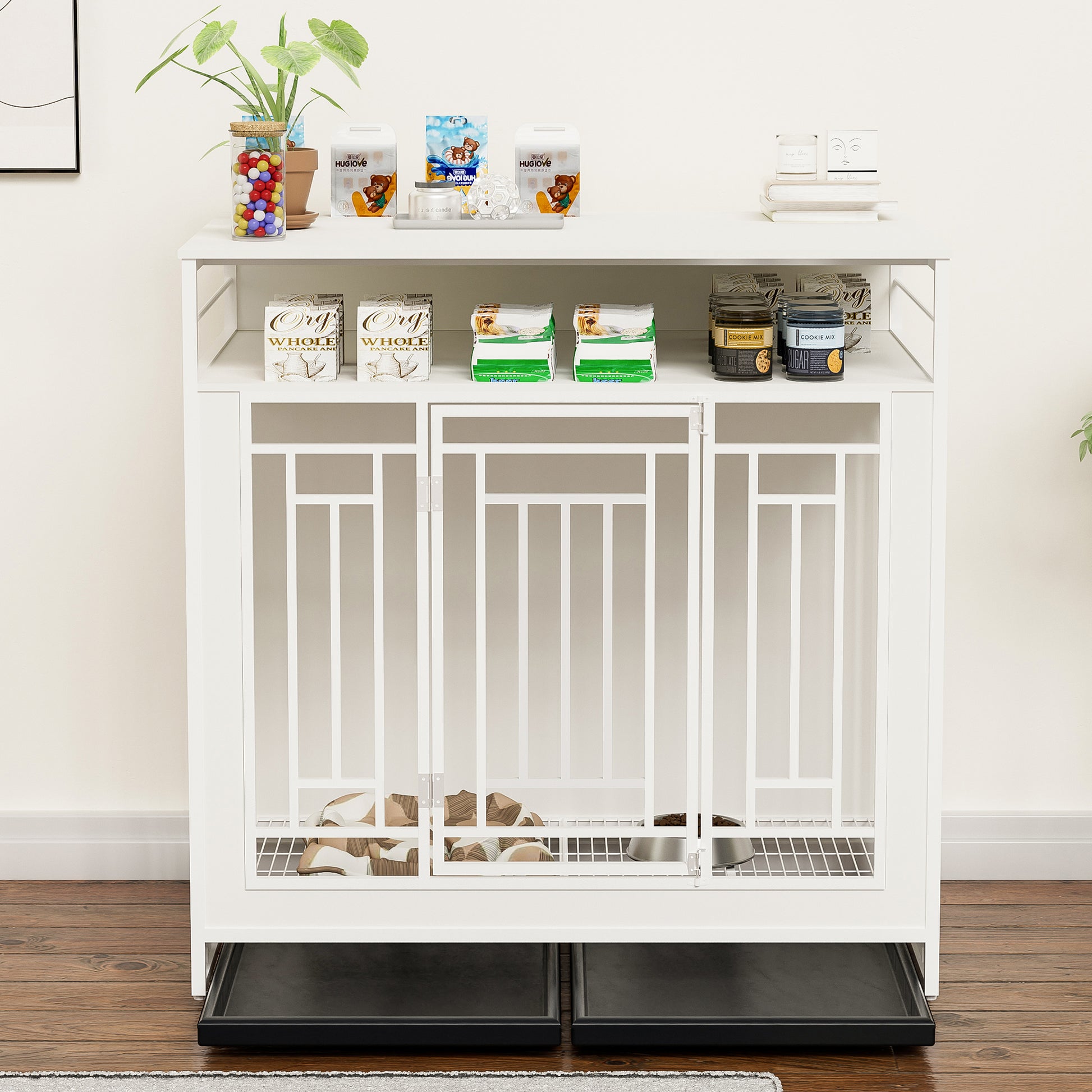 43.3 Inch Dog Crate Furniture For Large Dogs,Wooden Dog Crate With Divider,Double Door Dog Kennel With Three Drawers Storages,Heavy Duty Dogs Decorative Pet House For Large Medium Dogs ,White White