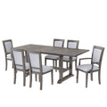 7 Piece Updated 76.9Inch Extendable Trestle Dining Table Set With Removable Leaf, Kitchen Table Set With Upholstered Side Chair And Arm Chair, Set Of 6, Grey Brown Wood Dining Room Solid Wood Rubberwood Rectangular Dining Table With Chair Upholstered