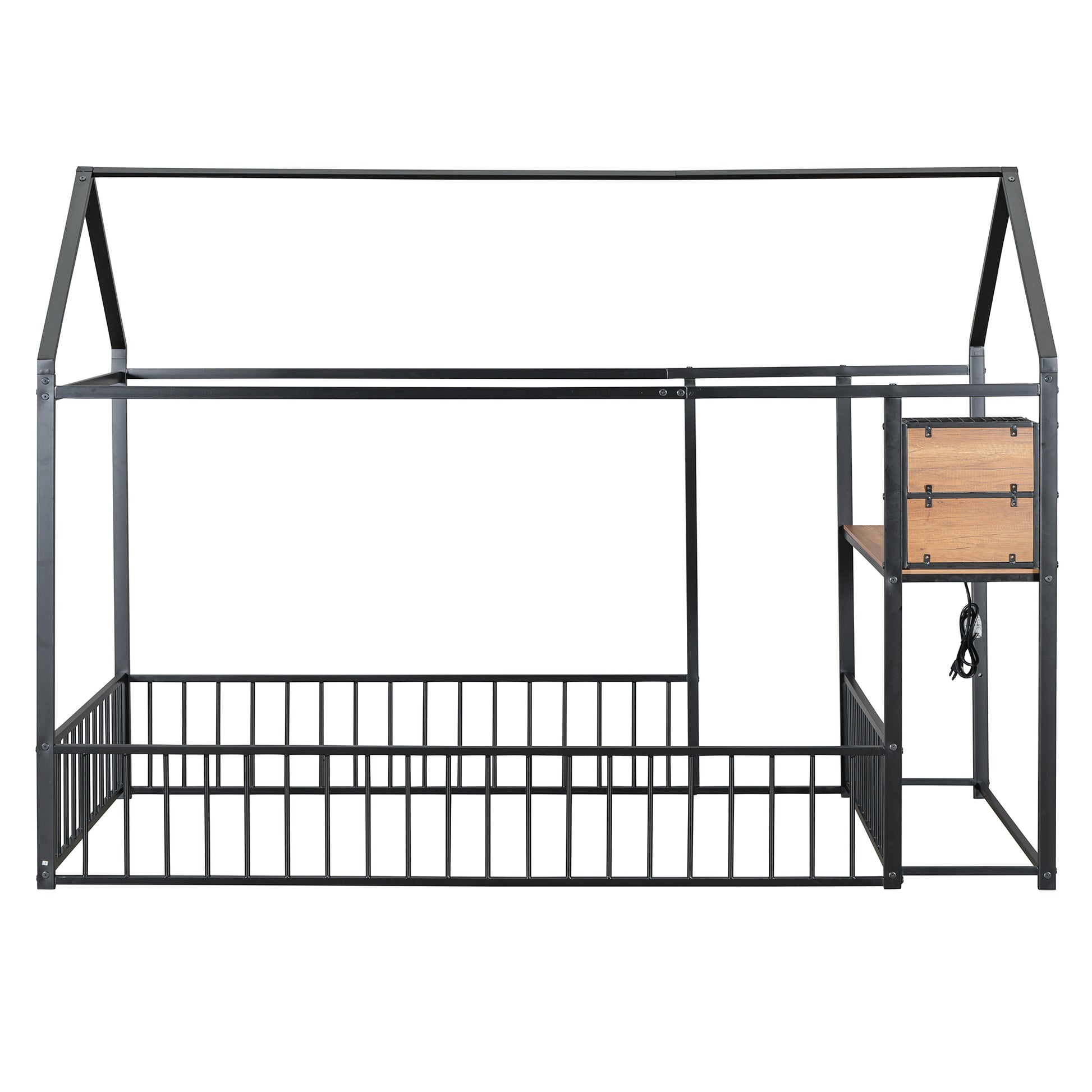 Twin Size Metal Bed House Bed Frame With Desk, Shelves, Power Outlets And Usb Ports, Black Twin Black Metal