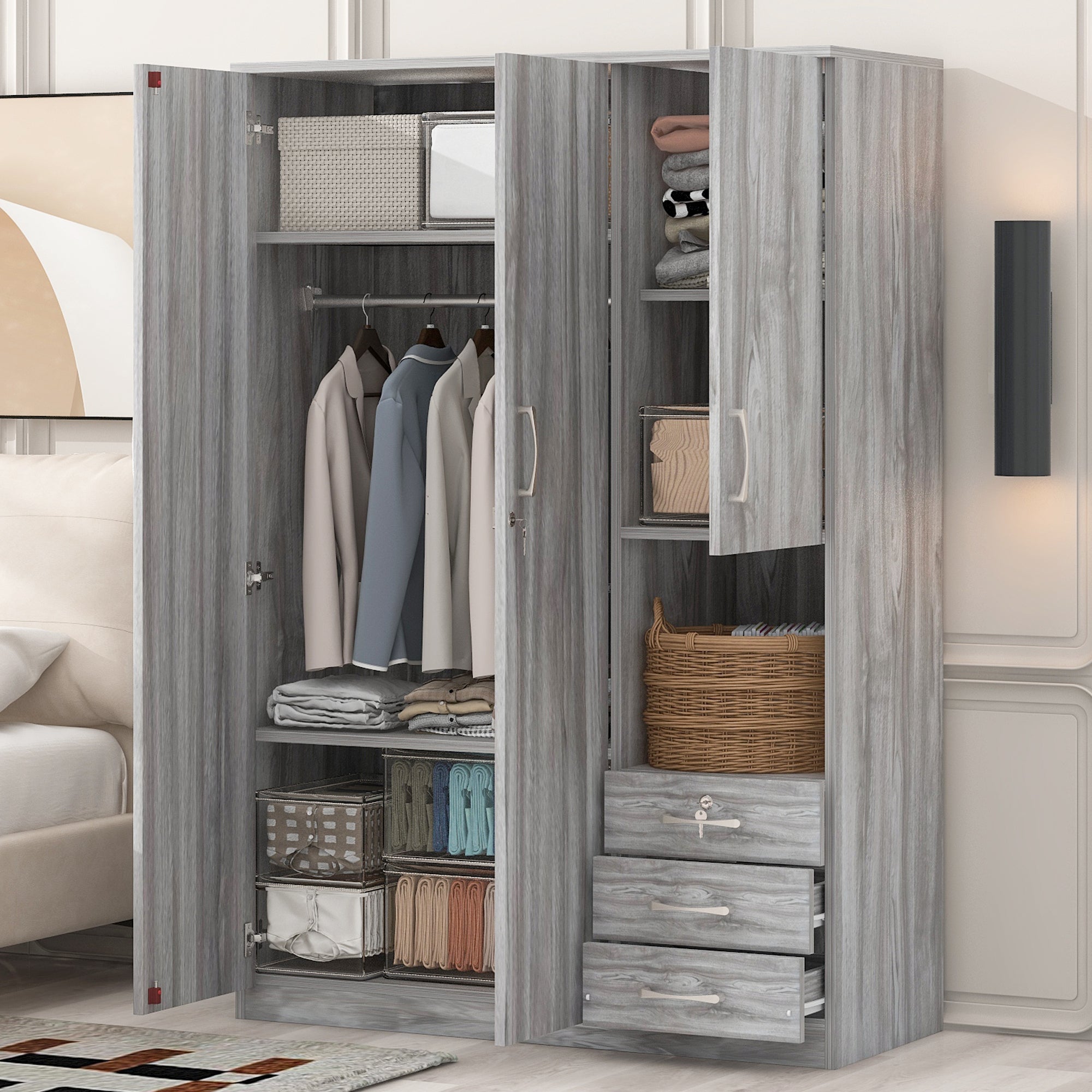 2 Doors Wooden Wardrobe Storage For Bedroom, With Shelves And 3 Drawers, Gray Gray Particle Board