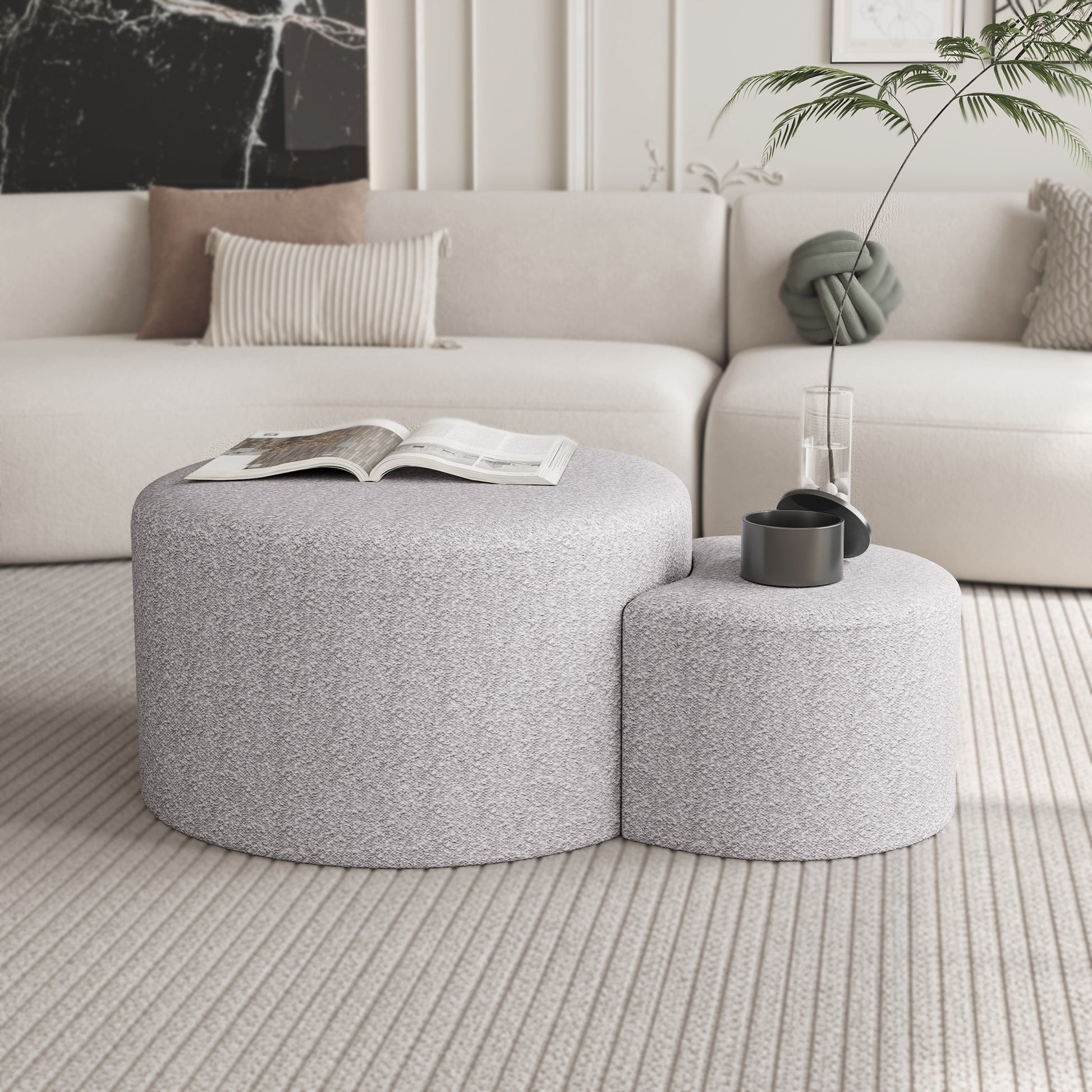 Upholstered Nesting Coffee Tables Set Of 2 , Side Table, Footrest, Ottoman & Seat For Living Room Bedroom Entryway Office, Beige Yarn Dyed Fabric Beige Foam Fabric