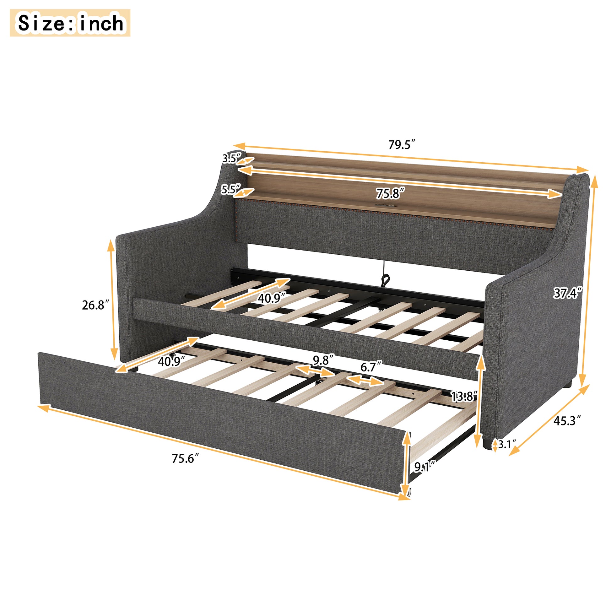 Twin Size Daybed With Trundle Bed, Upholstered Daybed With Charging Station And Led Lights, Gray Twin Gray Linen