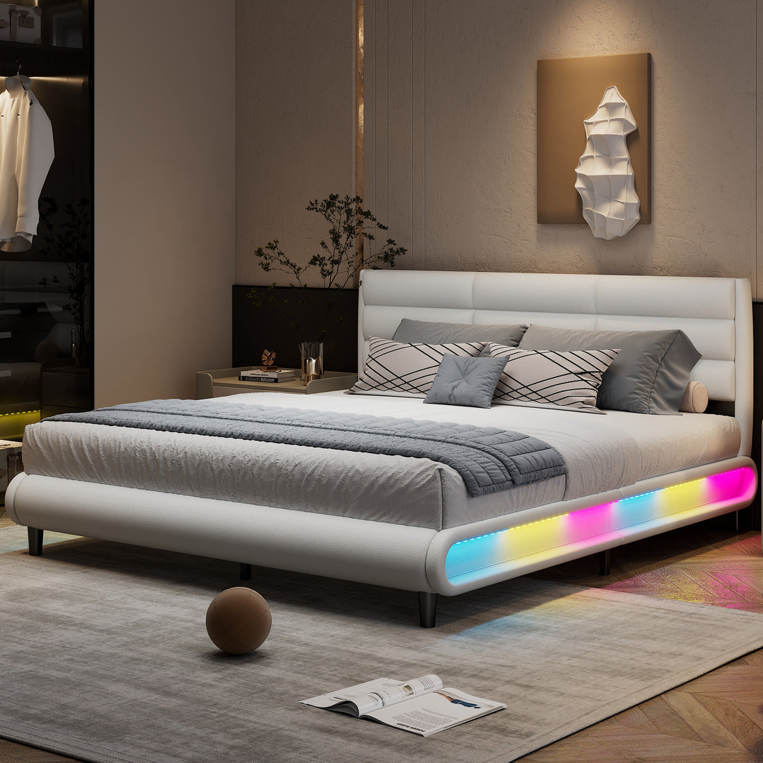 King Size Upholstered Platform Bed With Led Light Strips,White King White Upholstered