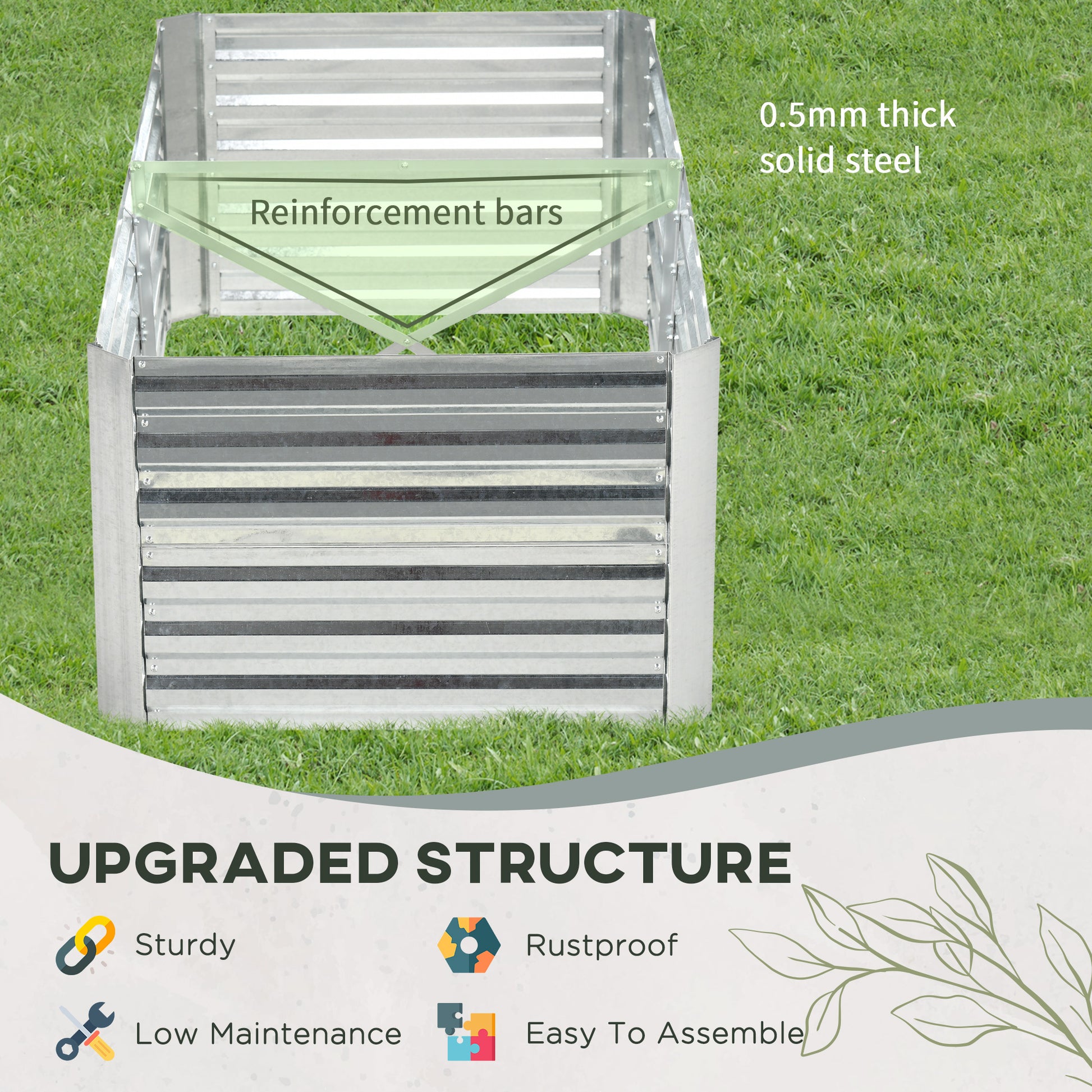 Outsunny Galvanized Raised Garden Bed Kit With Reinforcing Bars, Large And Tall Metal Planter Box For Vegetables, Flowers And Herbs, 6' X 3' X 2', Silver Silver Steel