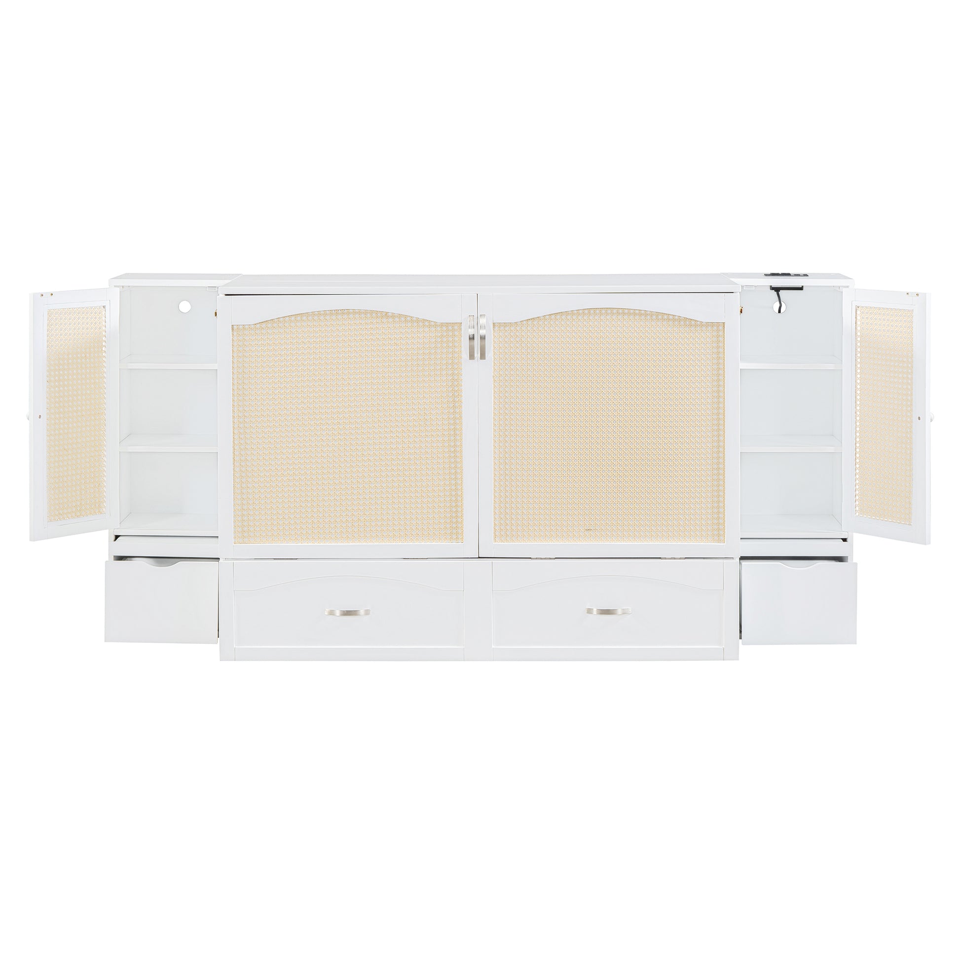 Full Size Murphy Bed Wall Bed With Drawer And Rattan Decoration With 2 Storage Cabinets, One Set Of Sockets & Usb Ports, Pulley Structure Design, White Full White Plywood