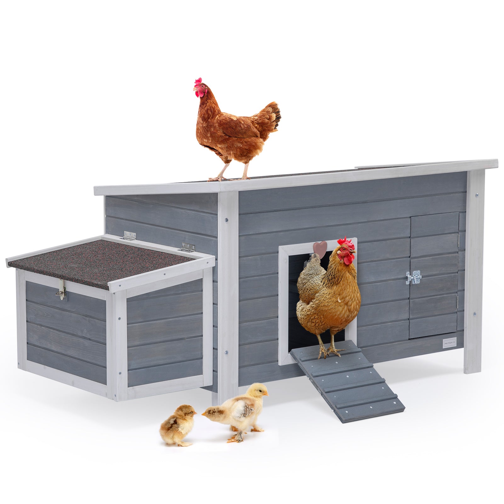 Large Wooden Chicken Coop With Perches And Nesting Box, Weatherproof Chicken Rabbit Duck House Grey Solid Wood