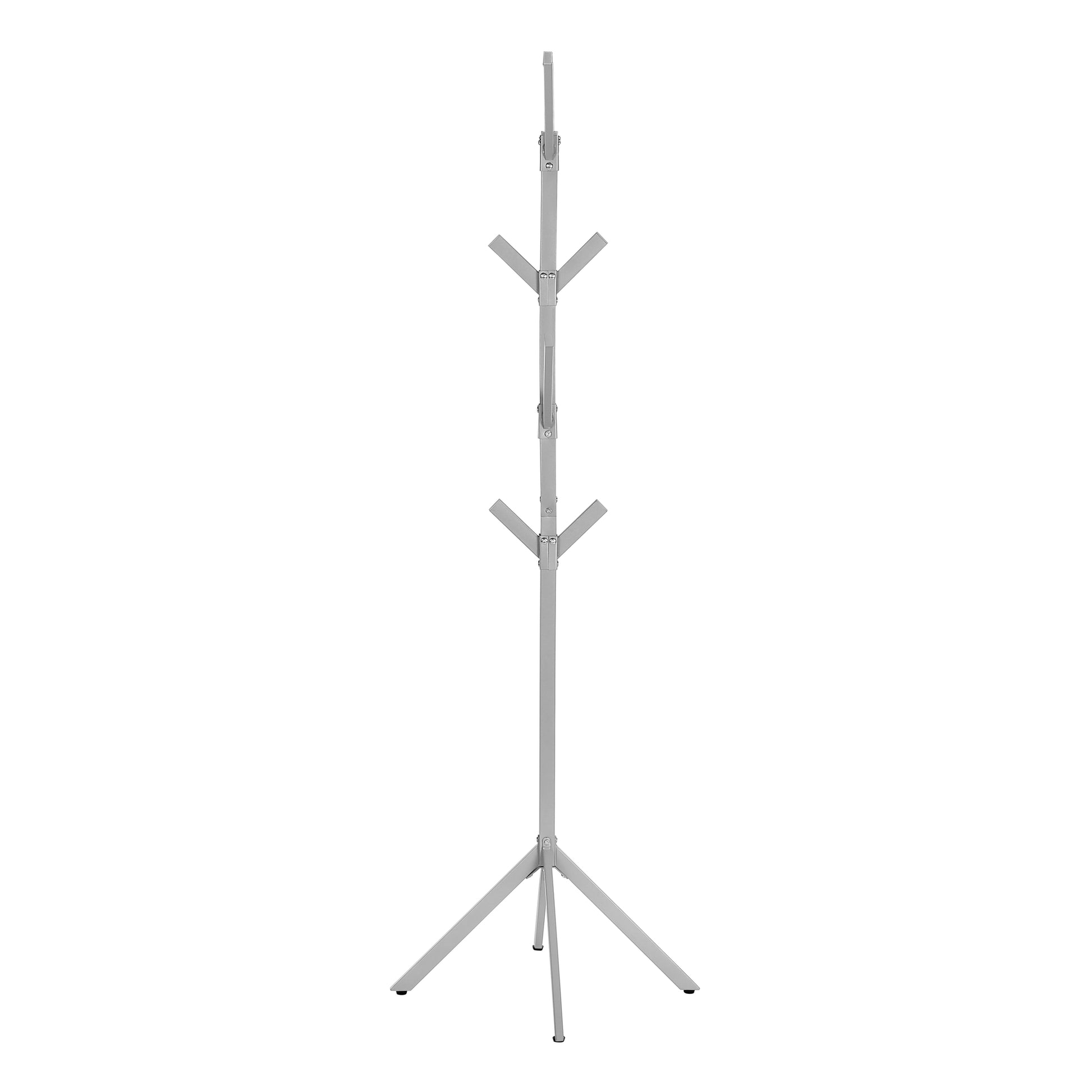 Coat Rack, Hall Tree, Free Standing, 8 Hooks, Entryway, 70"H, Bedroom, Grey Metal, Contemporary, Modern Silver Metal