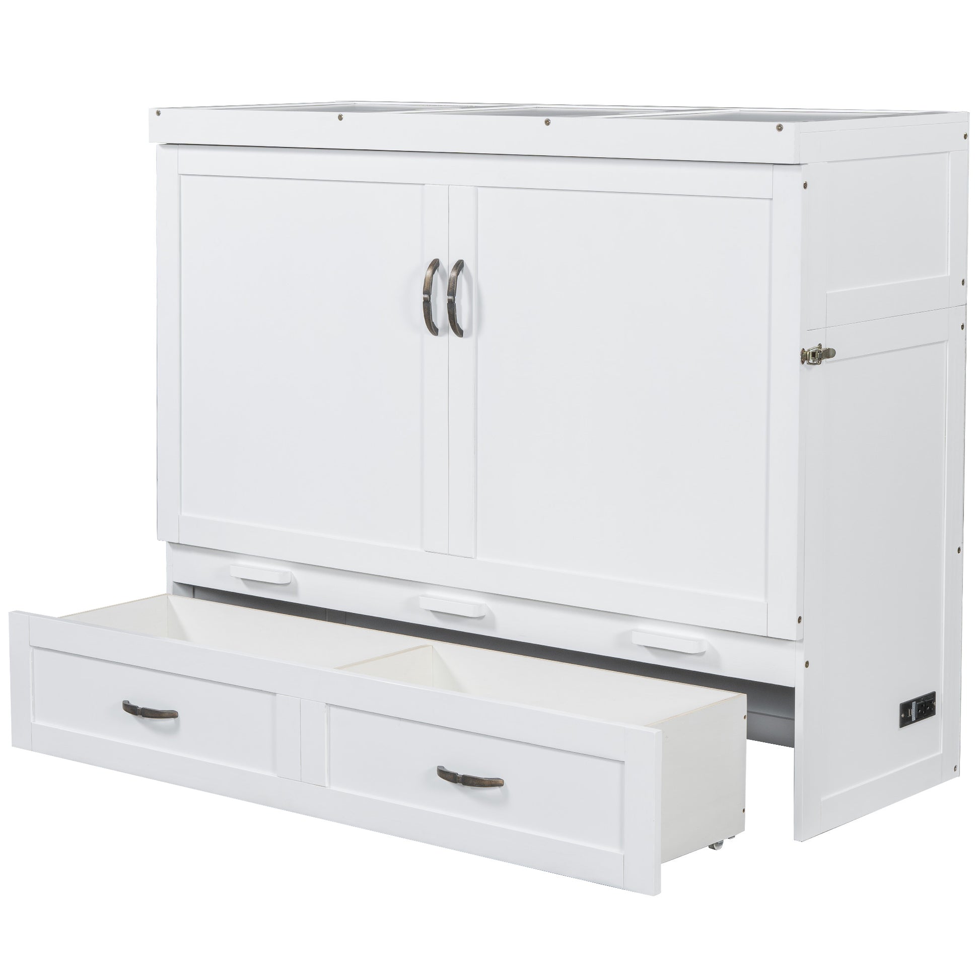 Queen Size Murphy Bed With Usb Ports, Large Drawers And Metal Handles, White Queen White Solid Wood Mdf