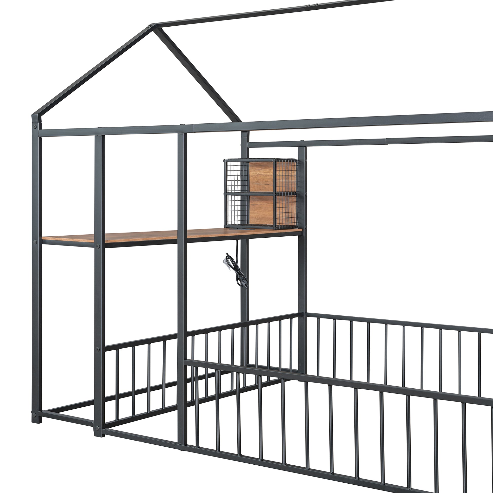 Full Size Metal Bed House Bed Frame With Desk, Shelves, Power Outlets And Usb Ports, Black Full Black Metal