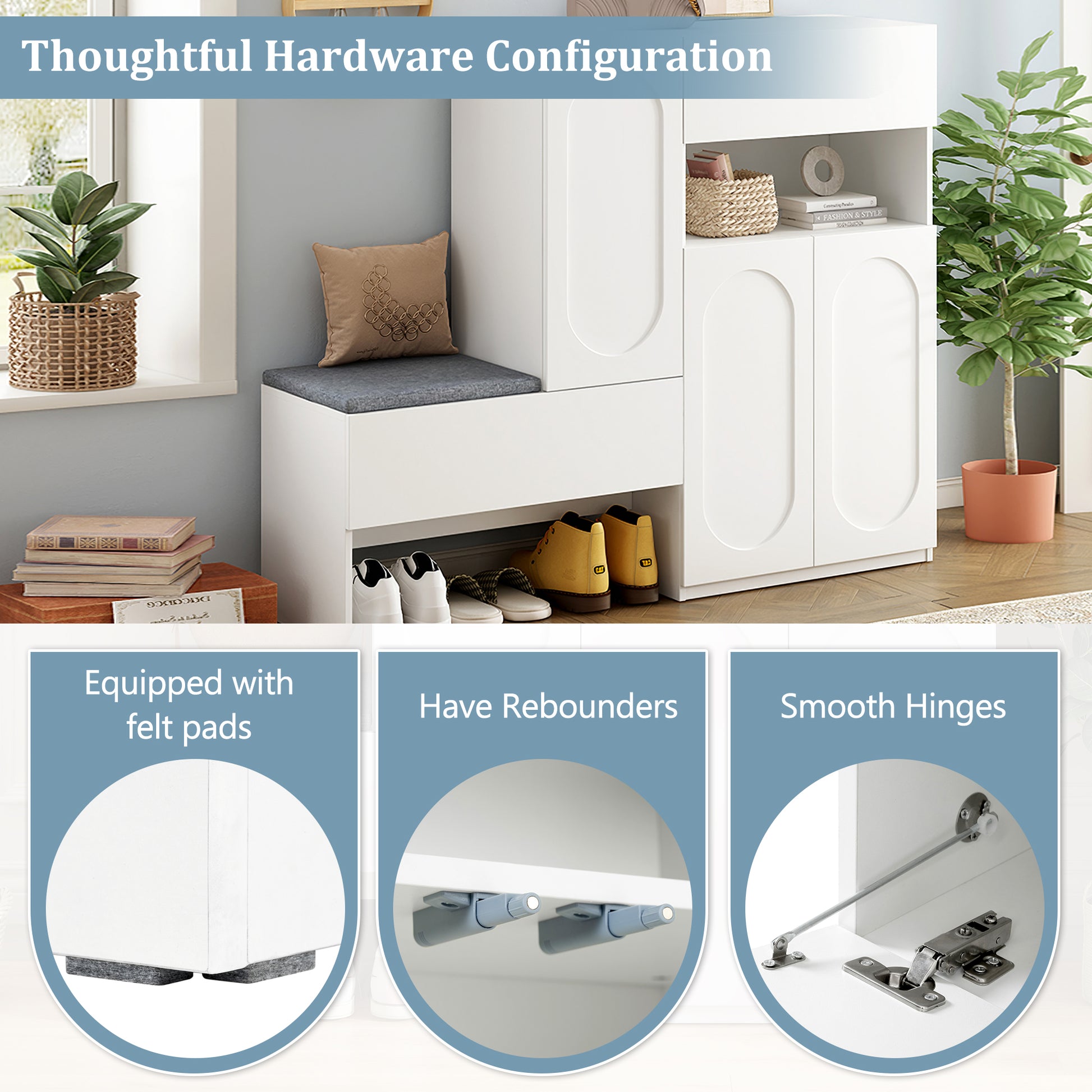 Elegant 2 In 1 Shoe Cabinets With Soft Cushion, Modern Storage Bench With Arched Doors & Rebound Devices, Versatile Shoe Rack Organizer With Adjustable Shelves For Hallway, Living Room, White White