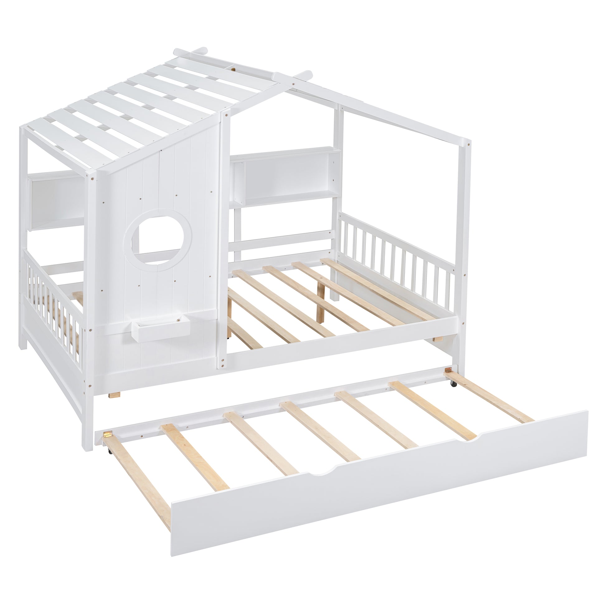 Wooden Full Size House Bed With Trundle, Modern Design For Kids With Storage Shlef, White Full White Solid Wood