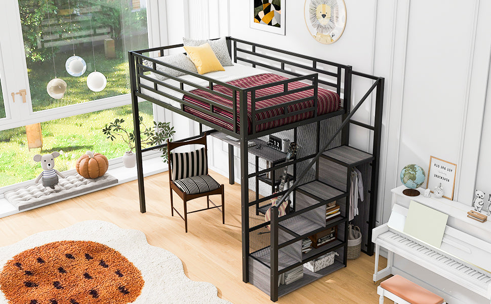 Full Size Metal Loft Bed With Wardrobe, Desk, Storage Shelves, Black Expected Arrival Time: 10.3 Box Spring Not Required Full Black Metal Mdf Metal