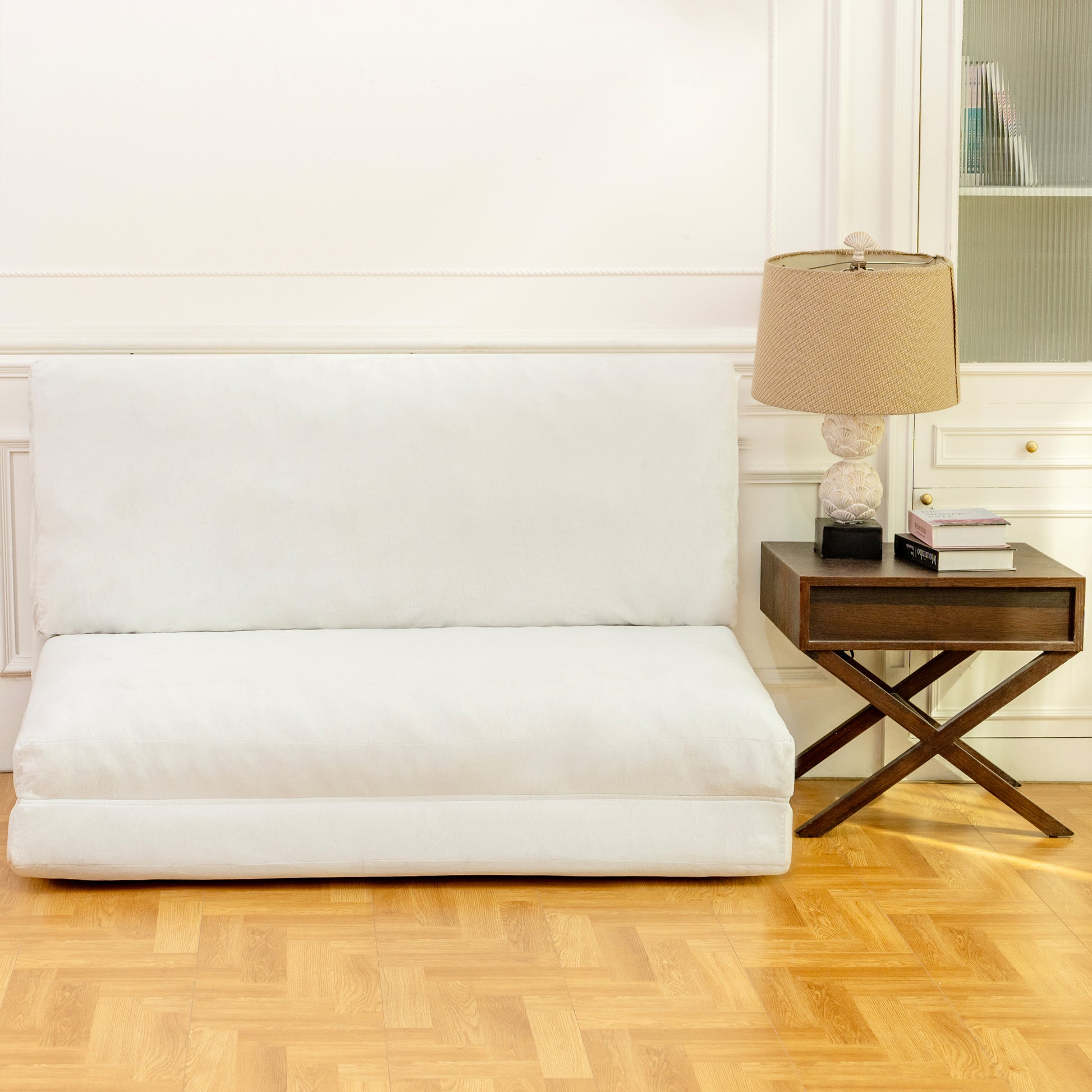 Large Folding Matress Sofa Bean Bag Bed, Foam Filling Folding Matress Sofa, Includes Removable And Machine Washable Cover, Soft Premium Faux Fur White Primary Living Space Soft Casual,Modern Foam Velvet 2 Seat