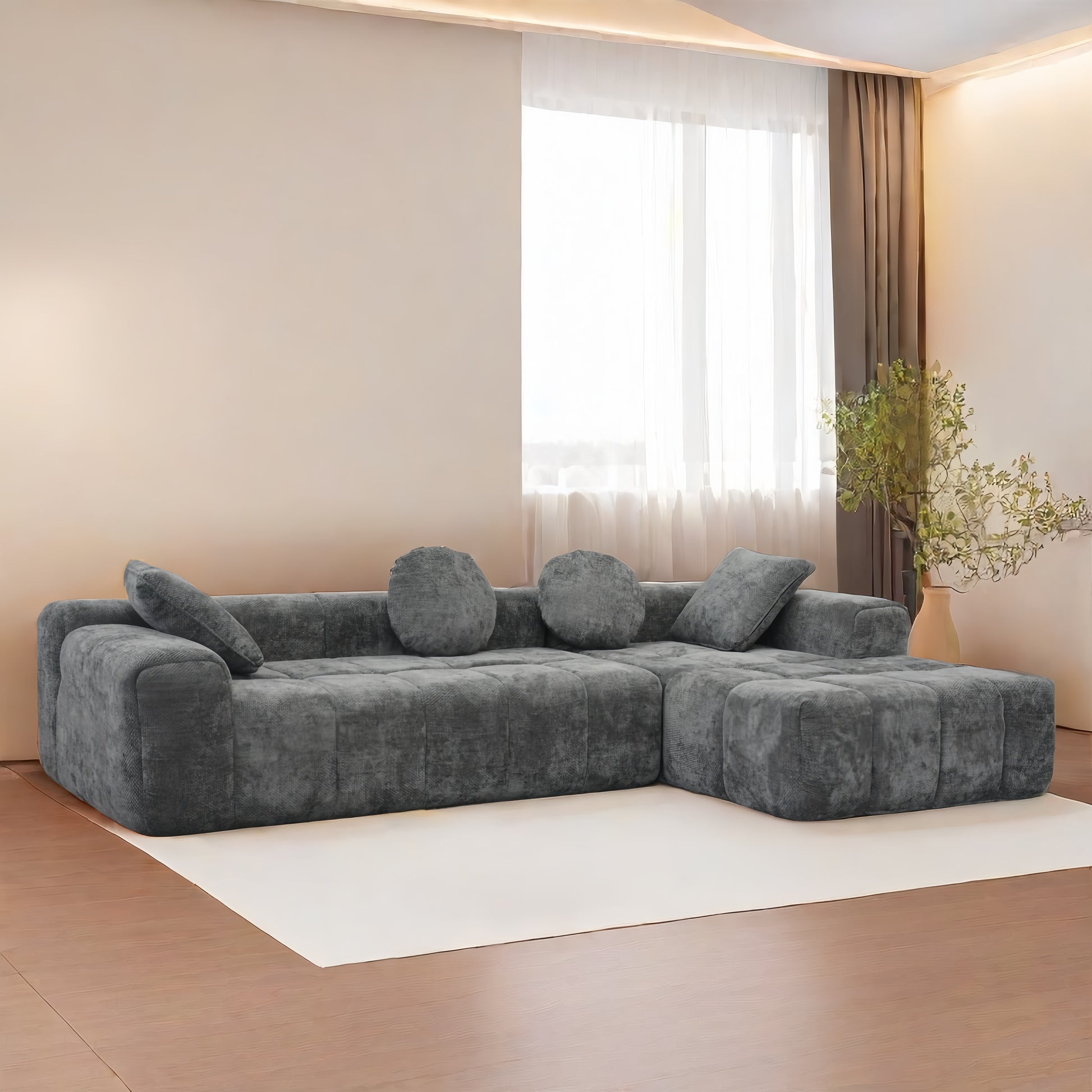 L Shaped Modular Modern Compressed Gray Sofa,Comfy Corduroy Fluffy Couch With Deep Seat,No Assembly Required Couch For Living Room Gray Linen Wood Primary Living Space Soft Cushion Back Extra Heavy