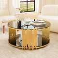 Modern Minimalist Light Luxury Style Stainless Steel Circular Coffee Table, Black Tempered Glass Countertop, Living Room Coffee Table Black Glass,Stainless Steel
