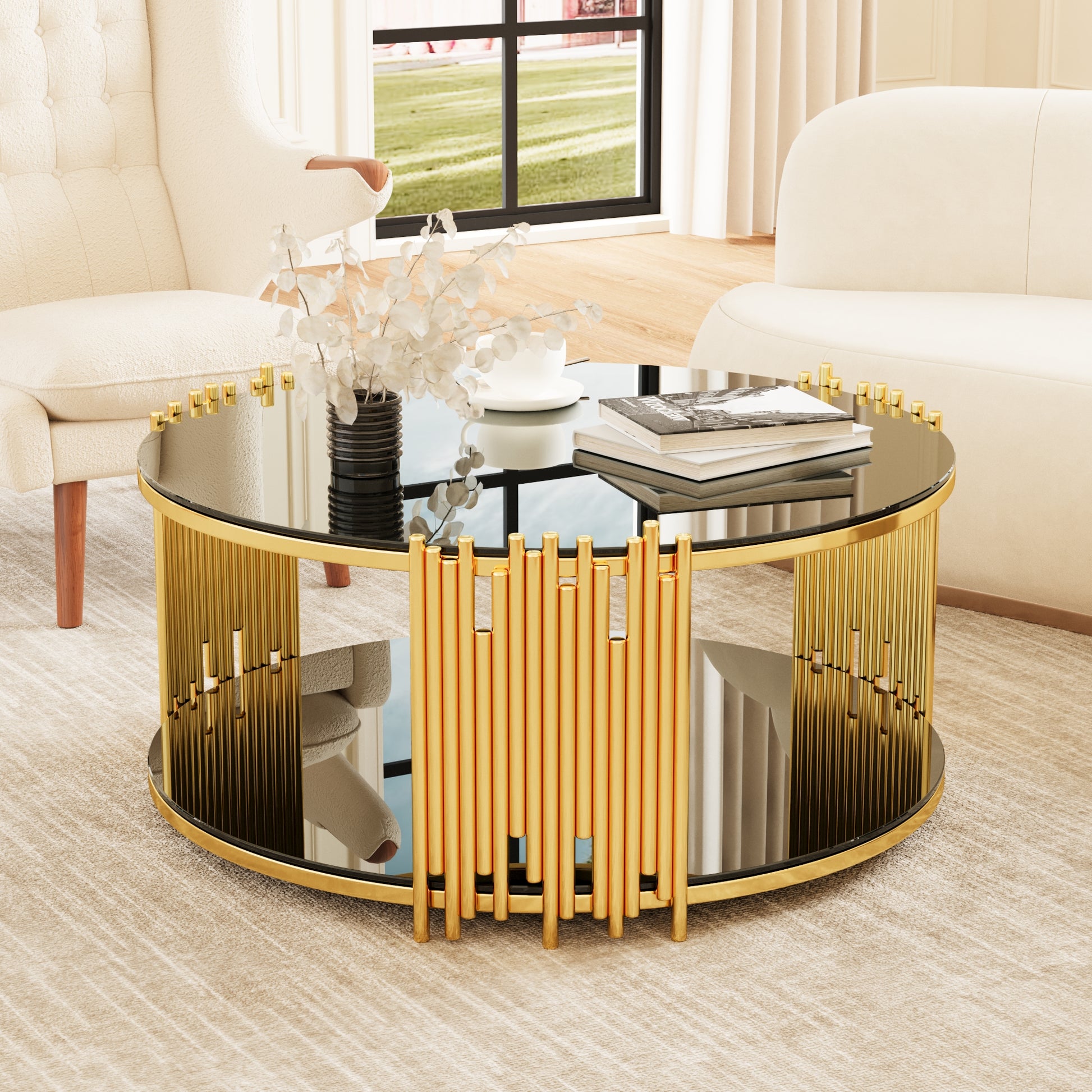 Modern Minimalist Light Luxury Style Stainless Steel Circular Coffee Table, Black Tempered Glass Countertop, Living Room Coffee Table Black Glass,Stainless Steel