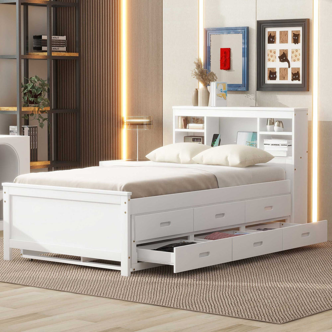 Twin Size Platform Bed With Storage Headboard, Usb, Twin Size Trundle And 3 Drawers, White Box Spring Not Required Twin White Wood Bedroom Bed Frame Solid Wood Mdf