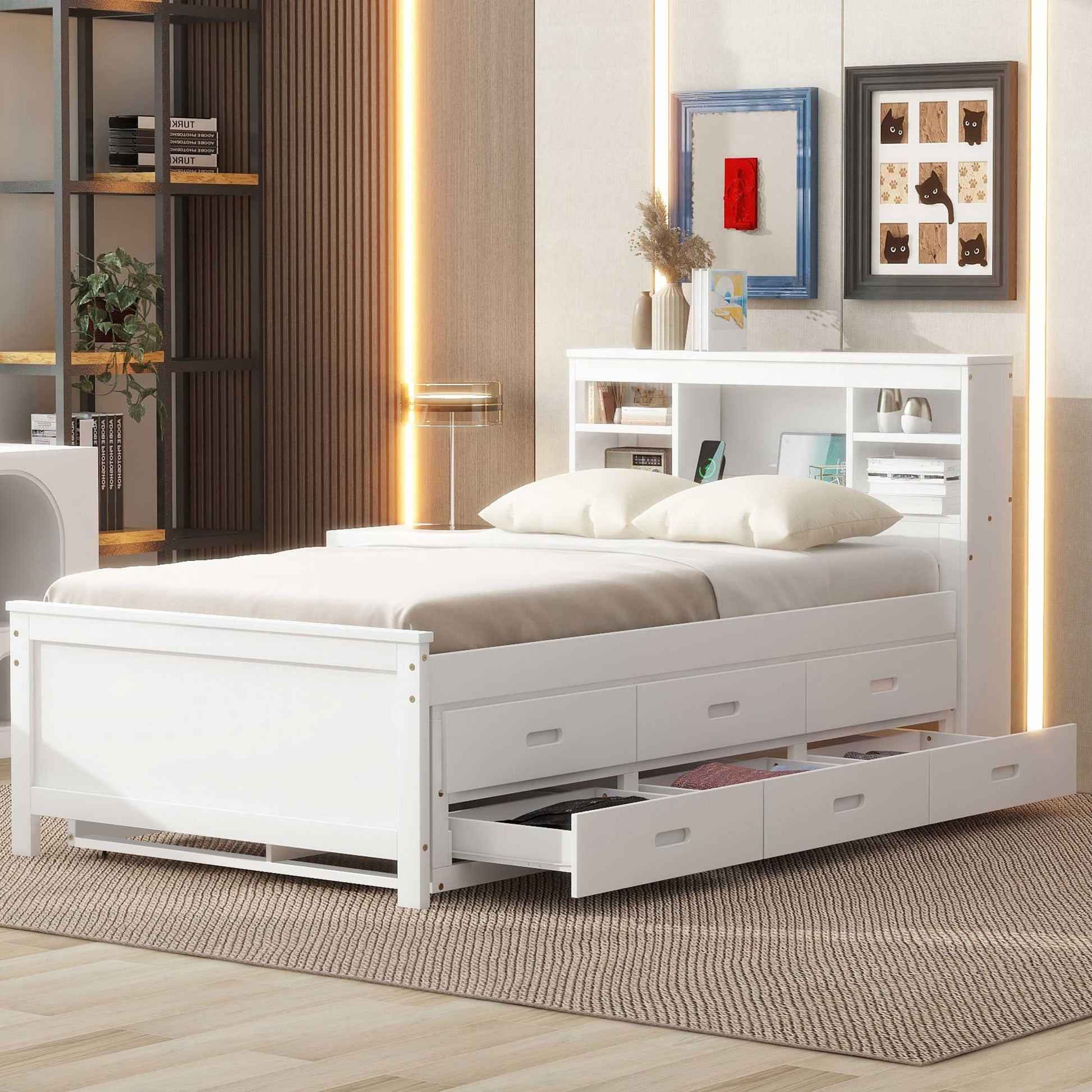 Twin Size Platform Bed With Storage Headboard, Usb, Twin Size Trundle And 3 Drawers, White Box Spring Not Required Twin White Wood Bedroom Bed Frame Solid Wood Mdf