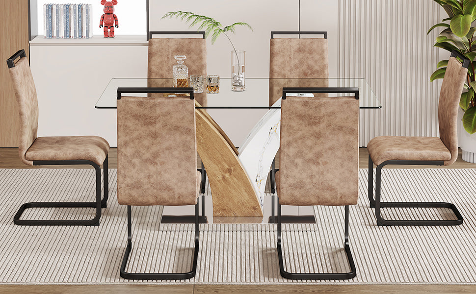 Table And Chair Set.Modern Dining Table, Tempered Glass Countertop With Artistic Mdf Legs.Paried With 6 Comfortable Chairs With Pu Seats And Metal Legs. Suitable For Various Decoration Styles. Black Brown,Transparent Seats 6 Mdf Metal