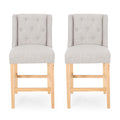 Vienna Contemporary Fabric Tufted Wingback 27 Inch Counter Stools, Set Of 2, Light Gray, Natural Light Grey Natural Fabric