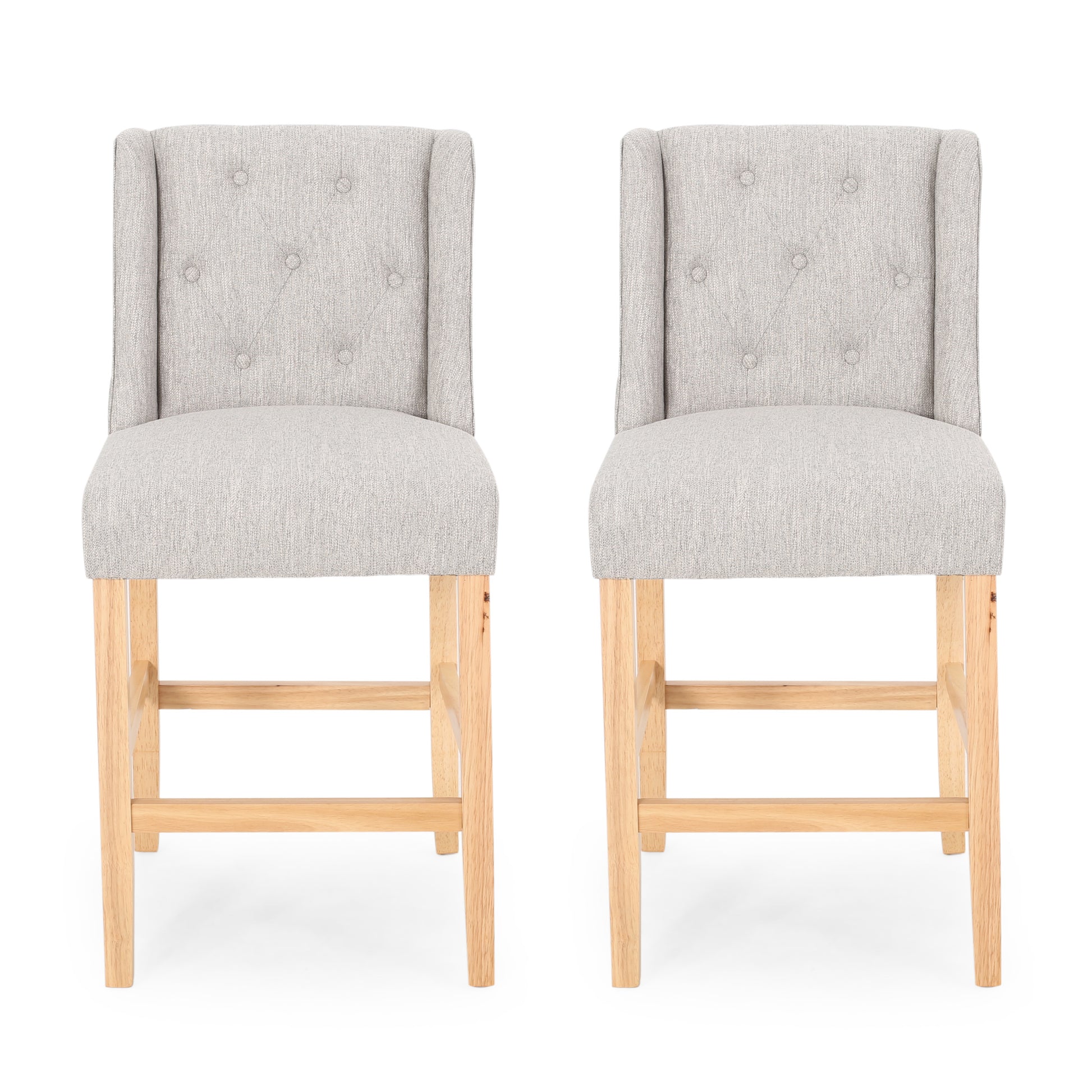 Vienna Contemporary Fabric Tufted Wingback 27 Inch Counter Stools, Set Of 2, Light Gray, Natural Light Grey Natural Fabric