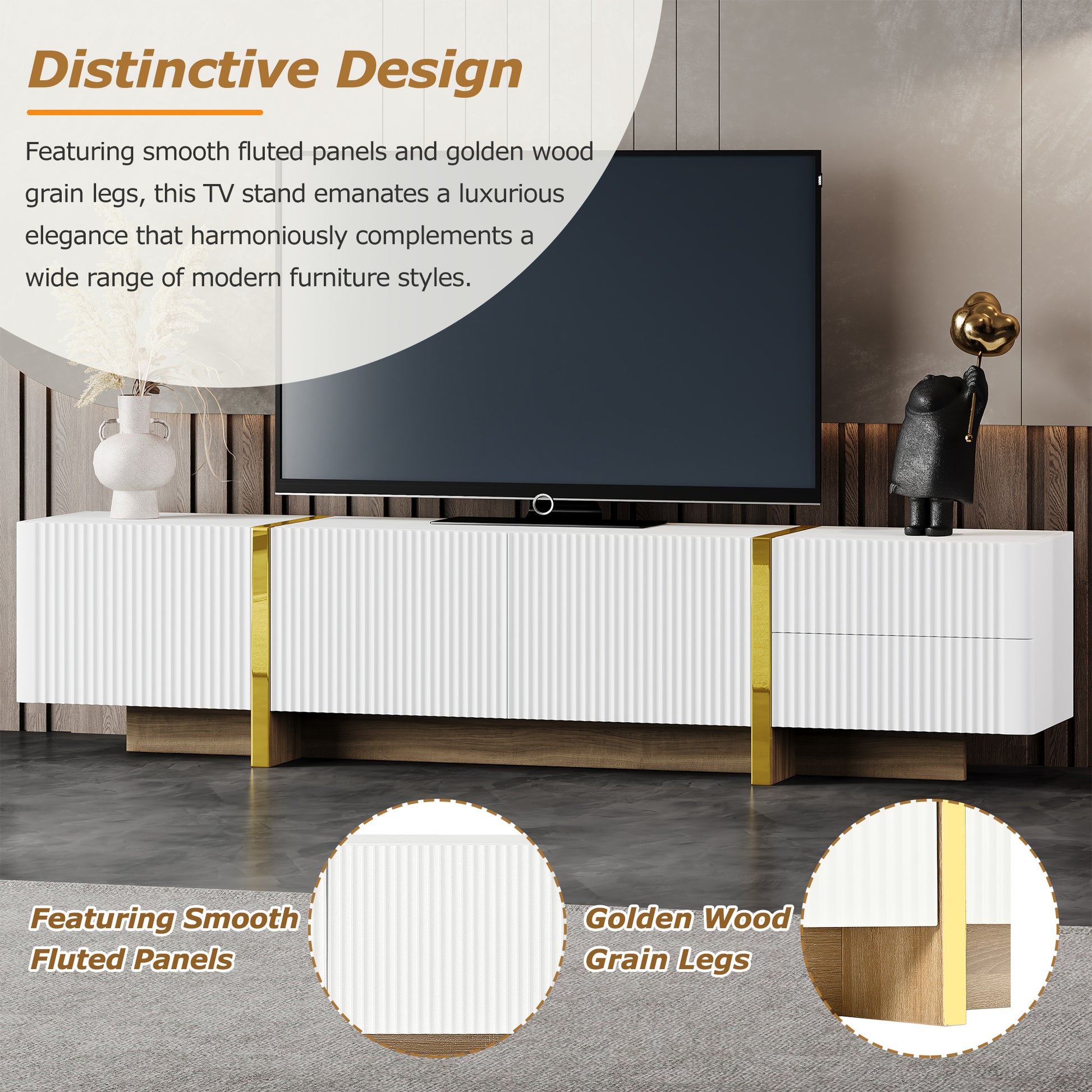 Luxury Fluted Tv Stand For Tvs Up To 80'', Modern Entertainment Center With Storage Cabinets & Drawers, Smooth Media Console With Golden Wood Grain Legs For Living Room, White White Primary Living Space 80 89 Inches Particle Board Mdf