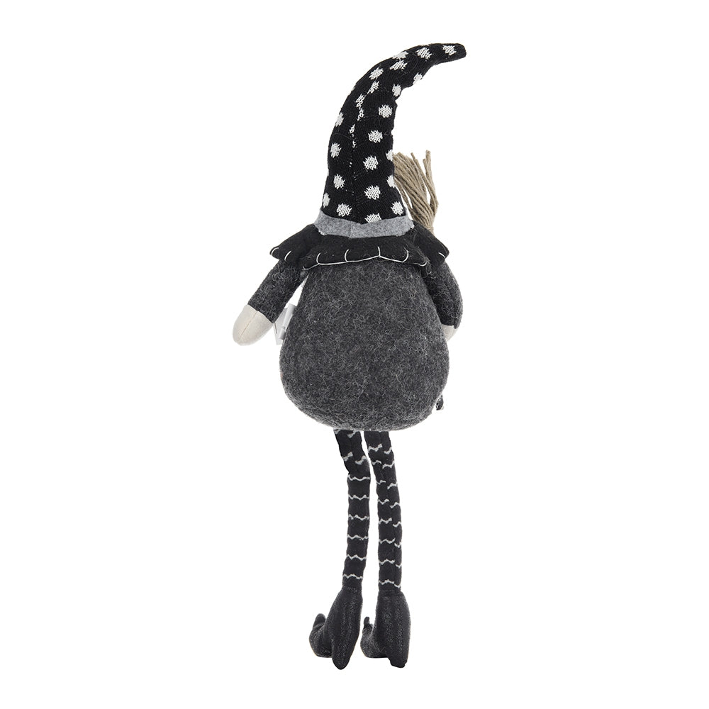 6.3X4.3X25" Fabric Sitting Black Gnome With Broomstick & Soft Legs, For Halloween Decor Black White Polyester