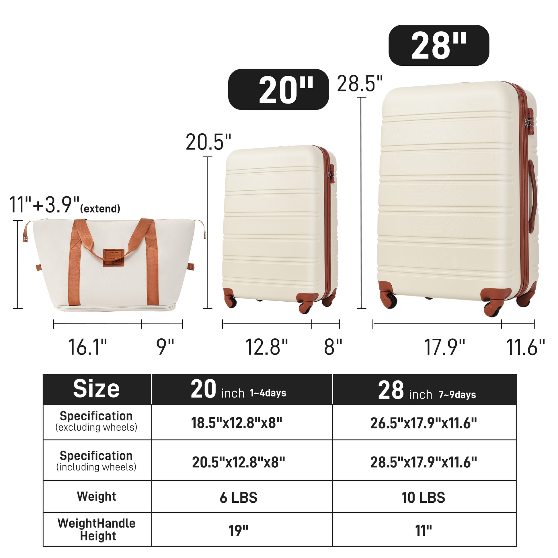 Hardshell Luggage Sets 2Pcs Bag Spinner Suitcase With Tsa Lock Lightweight 20" 28" Brown White Abs